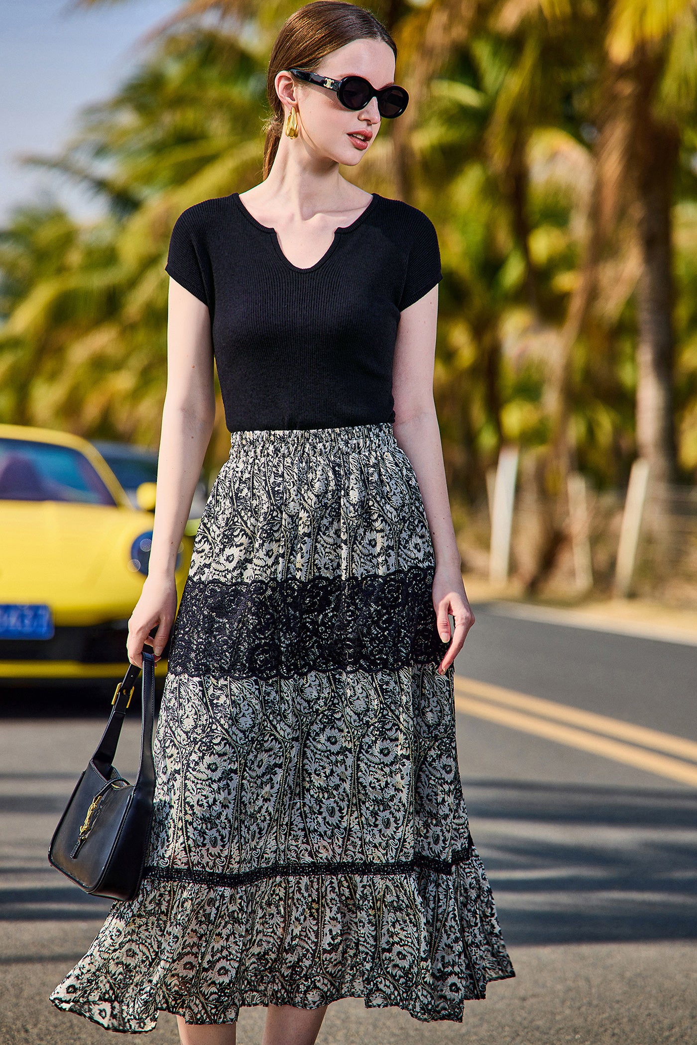 KAMILAN Black & Ivory Lace-Panel Printed Midi Skirt