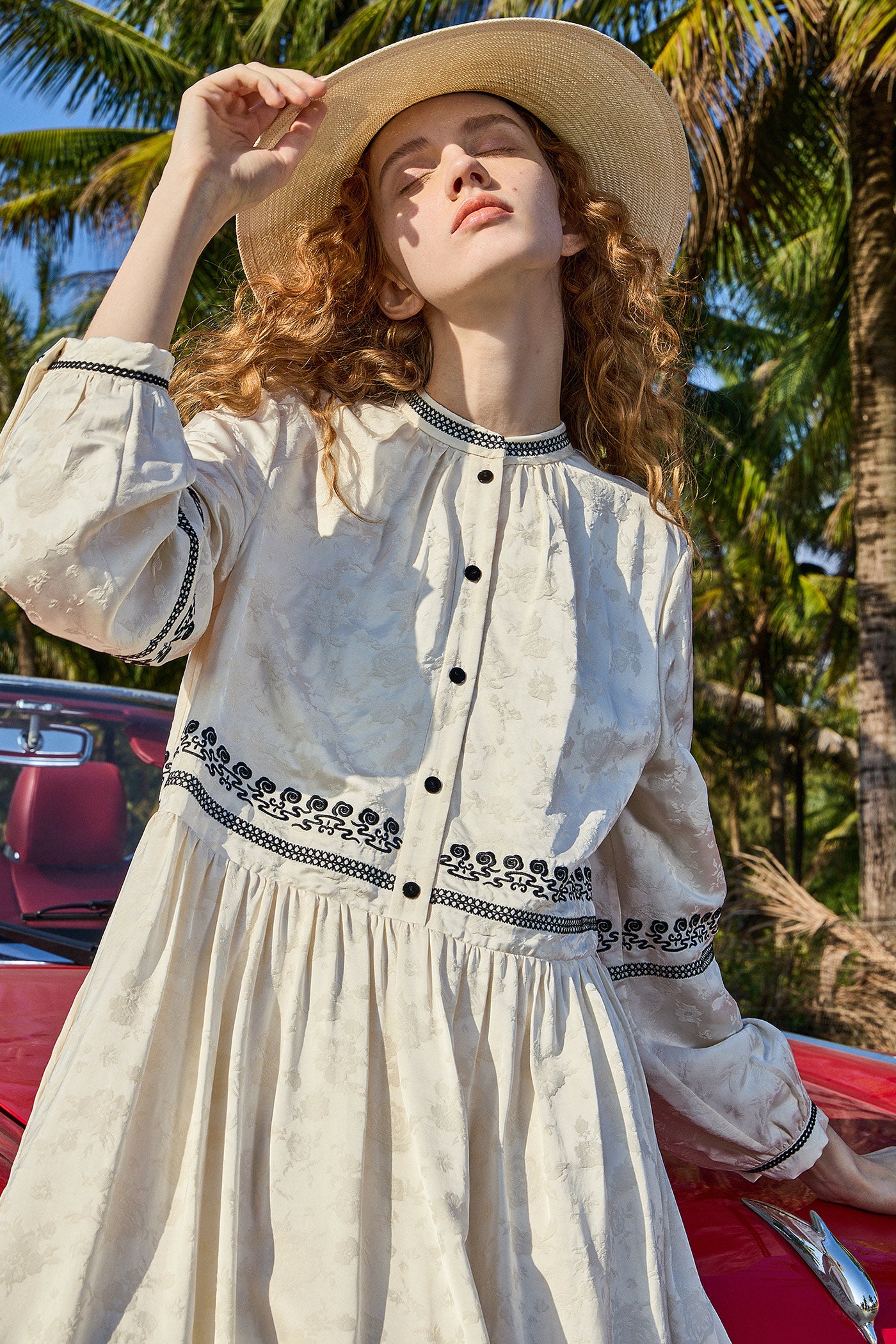 KAMILAN Embroidered Midi Dress with Cloud Motif Detailing