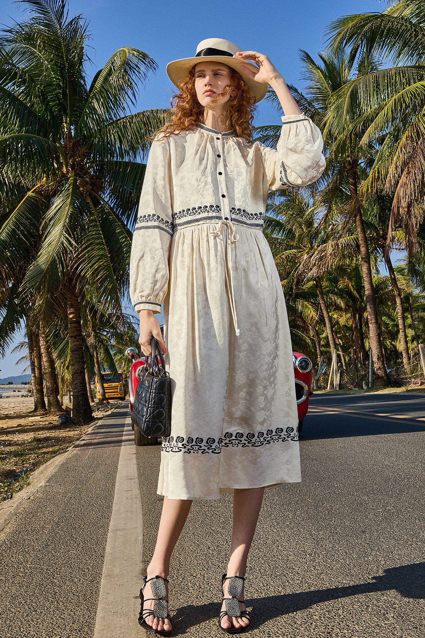 KAMILAN Embroidered Midi Dress with Cloud Motif Detailing