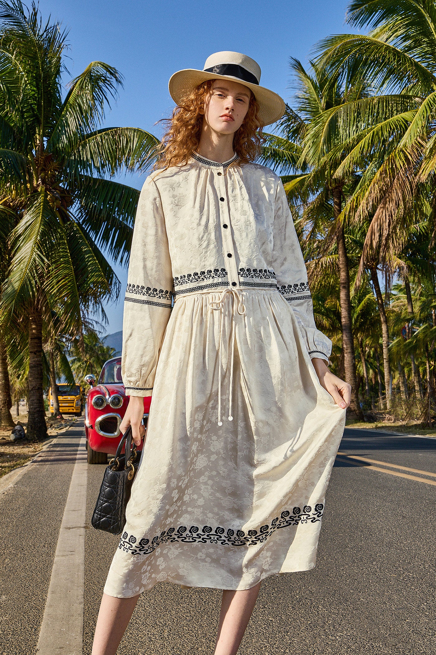 KAMILAN Embroidered Midi Dress with Cloud Motif Detailing