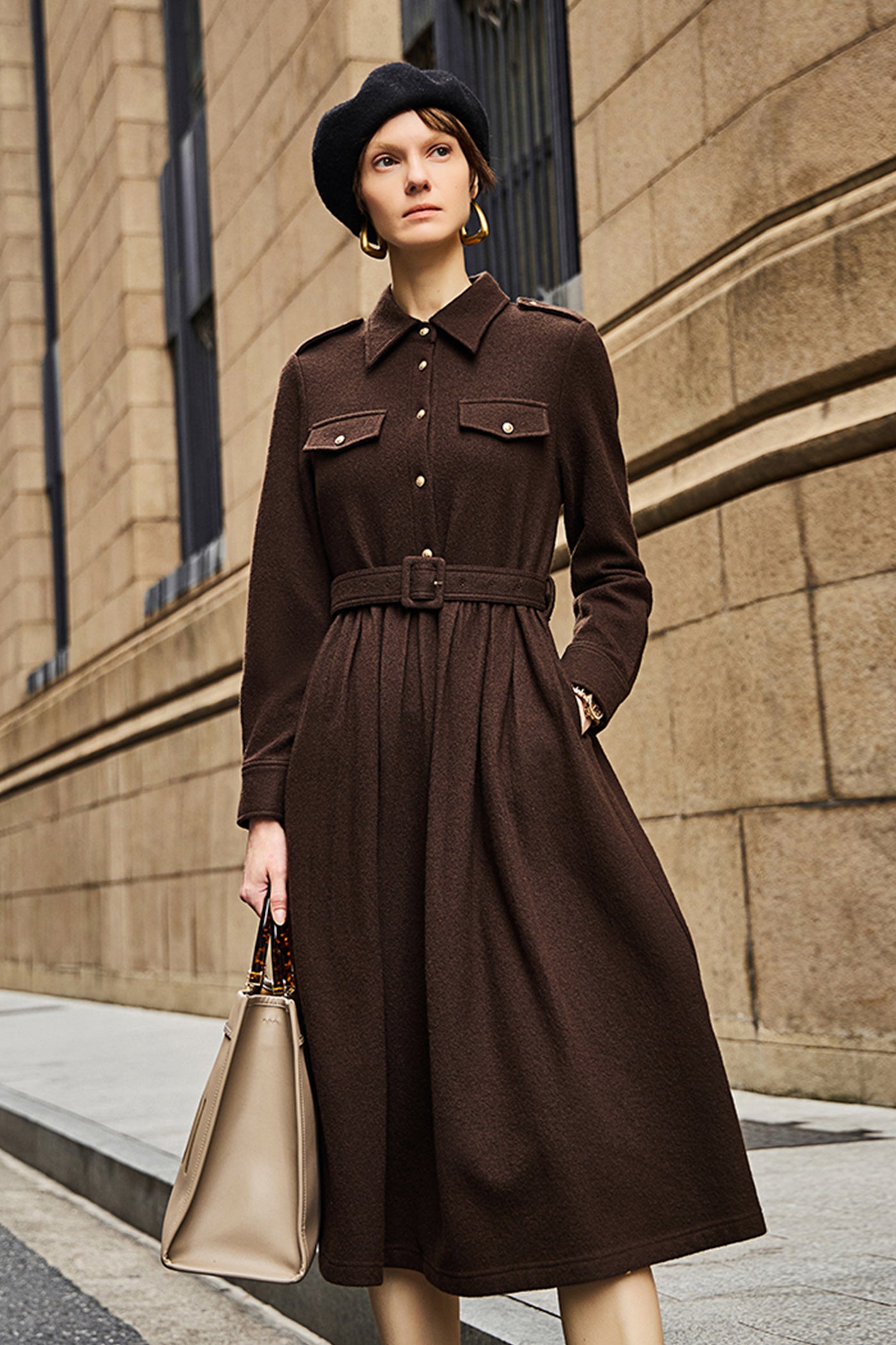 KAMILAN French-Inspired Wool Midi Dress with Cinched Waist