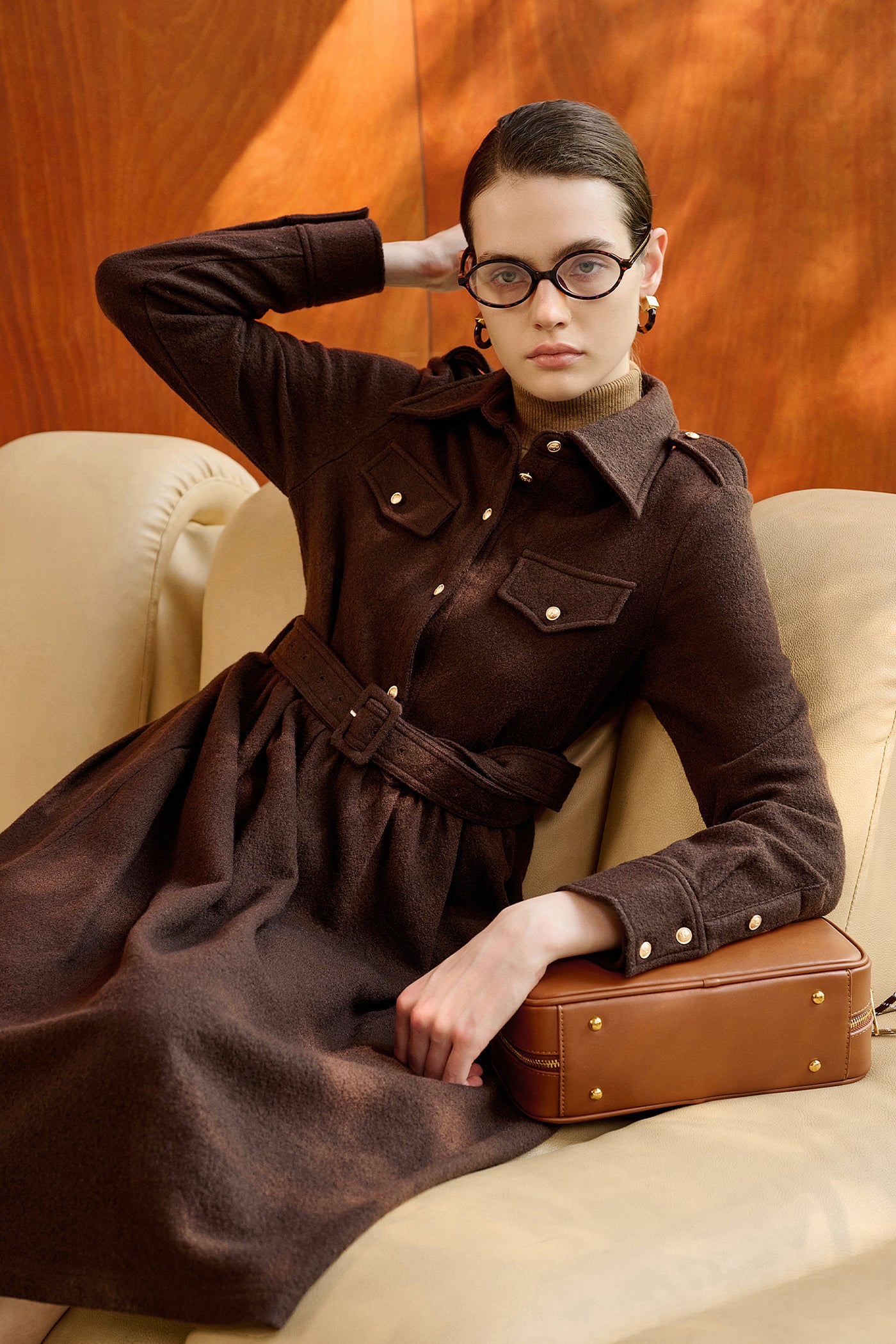 KAMILAN French-Inspired Wool Midi Dress with Cinched Waist