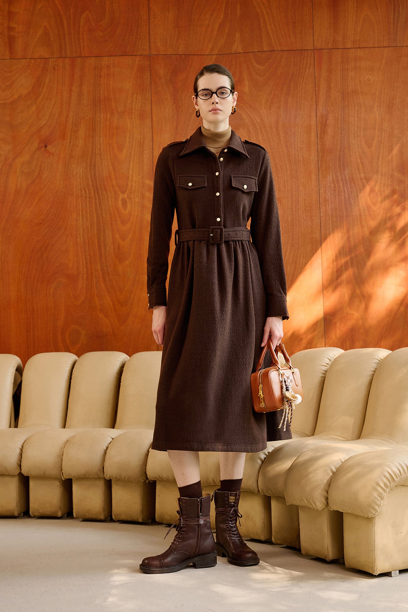 KAMILAN French-Inspired Wool Midi Dress with Cinched Waist