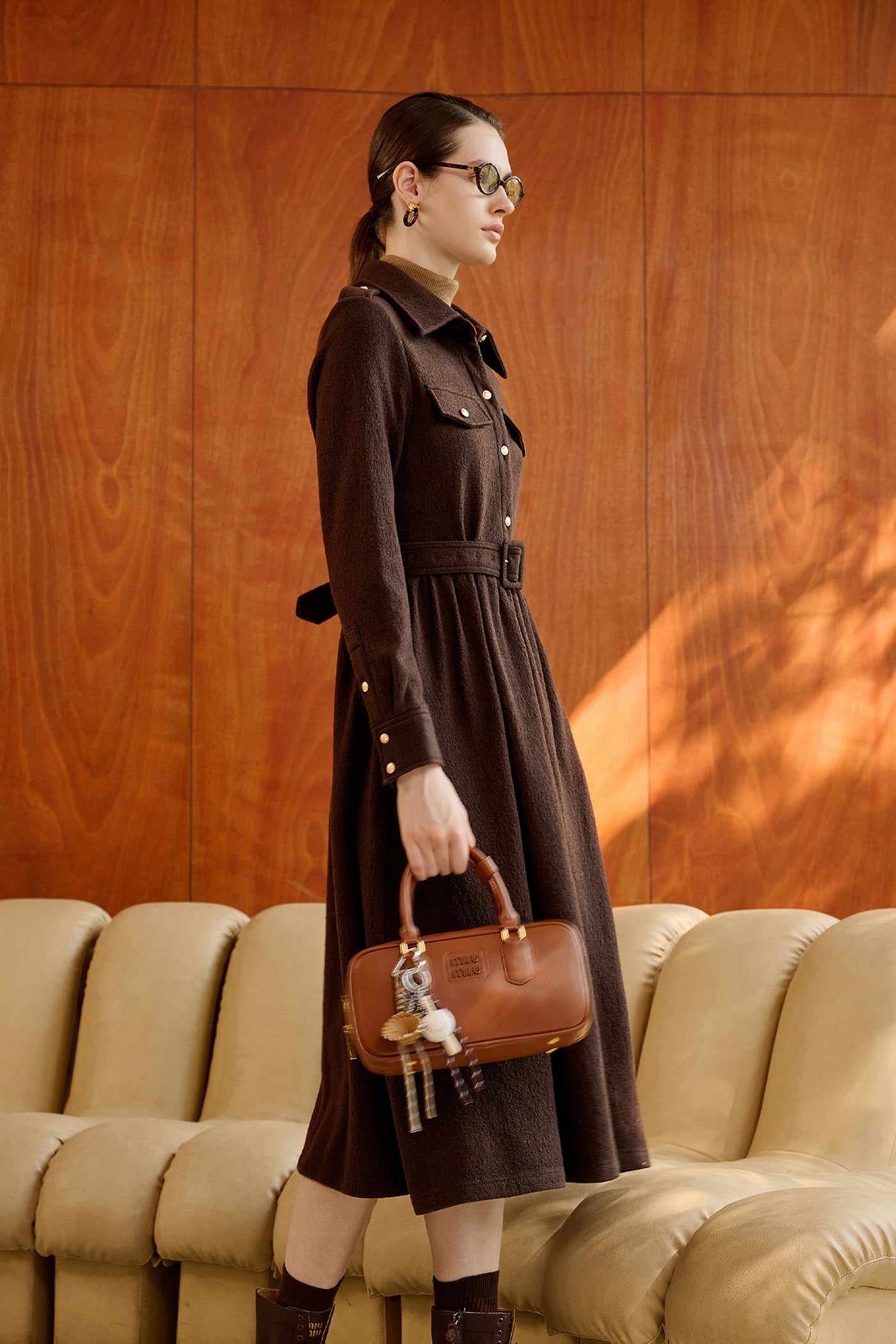 KAMILAN French-Inspired Wool Midi Dress with Cinched Waist