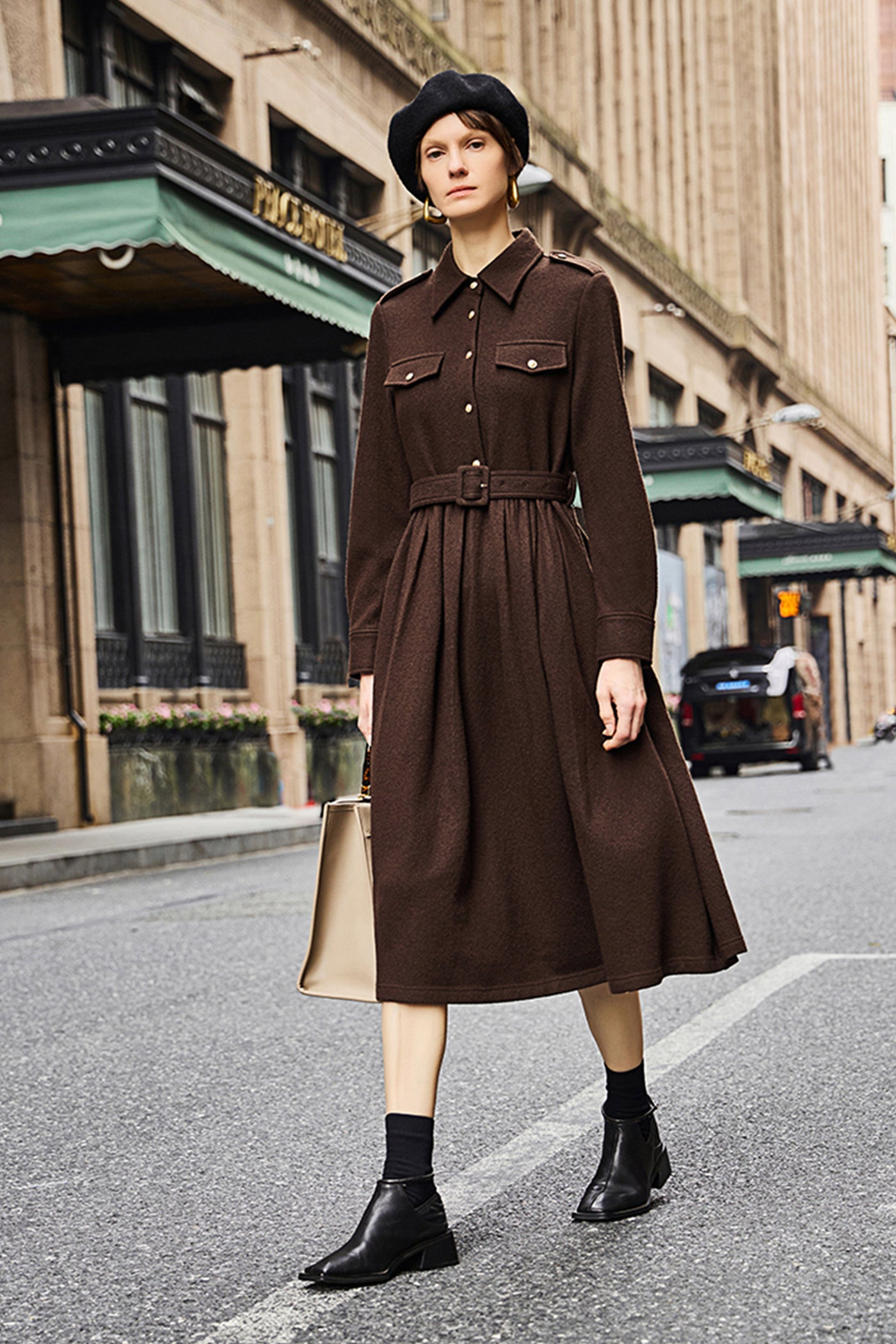 KAMILAN French-Inspired Wool Midi Dress with Cinched Waist