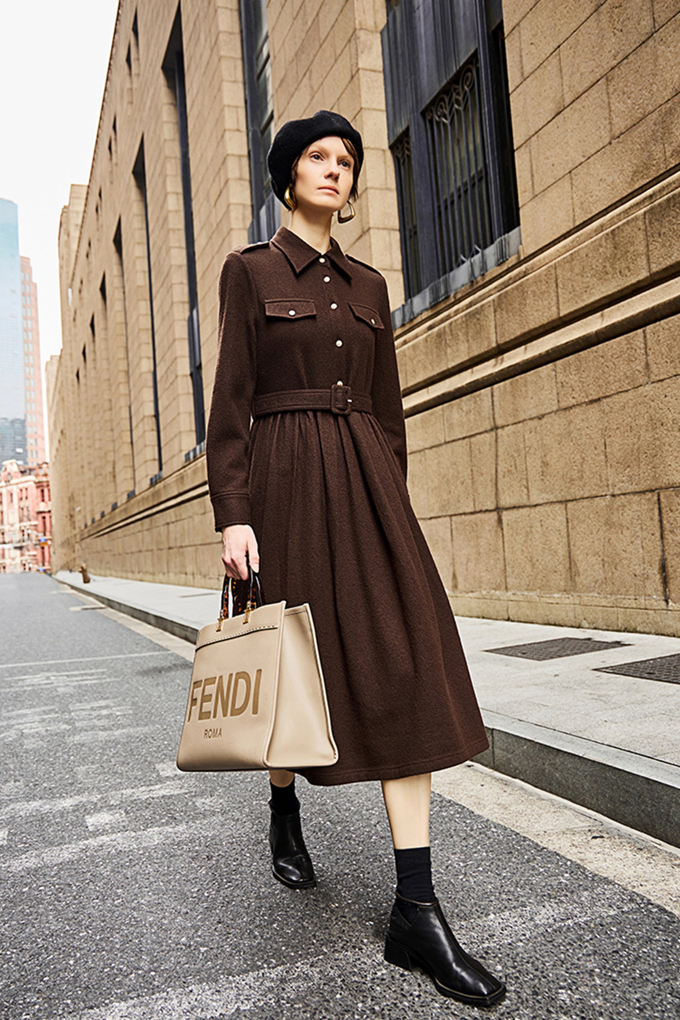 KAMILAN French-Inspired Wool Midi Dress with Cinched Waist