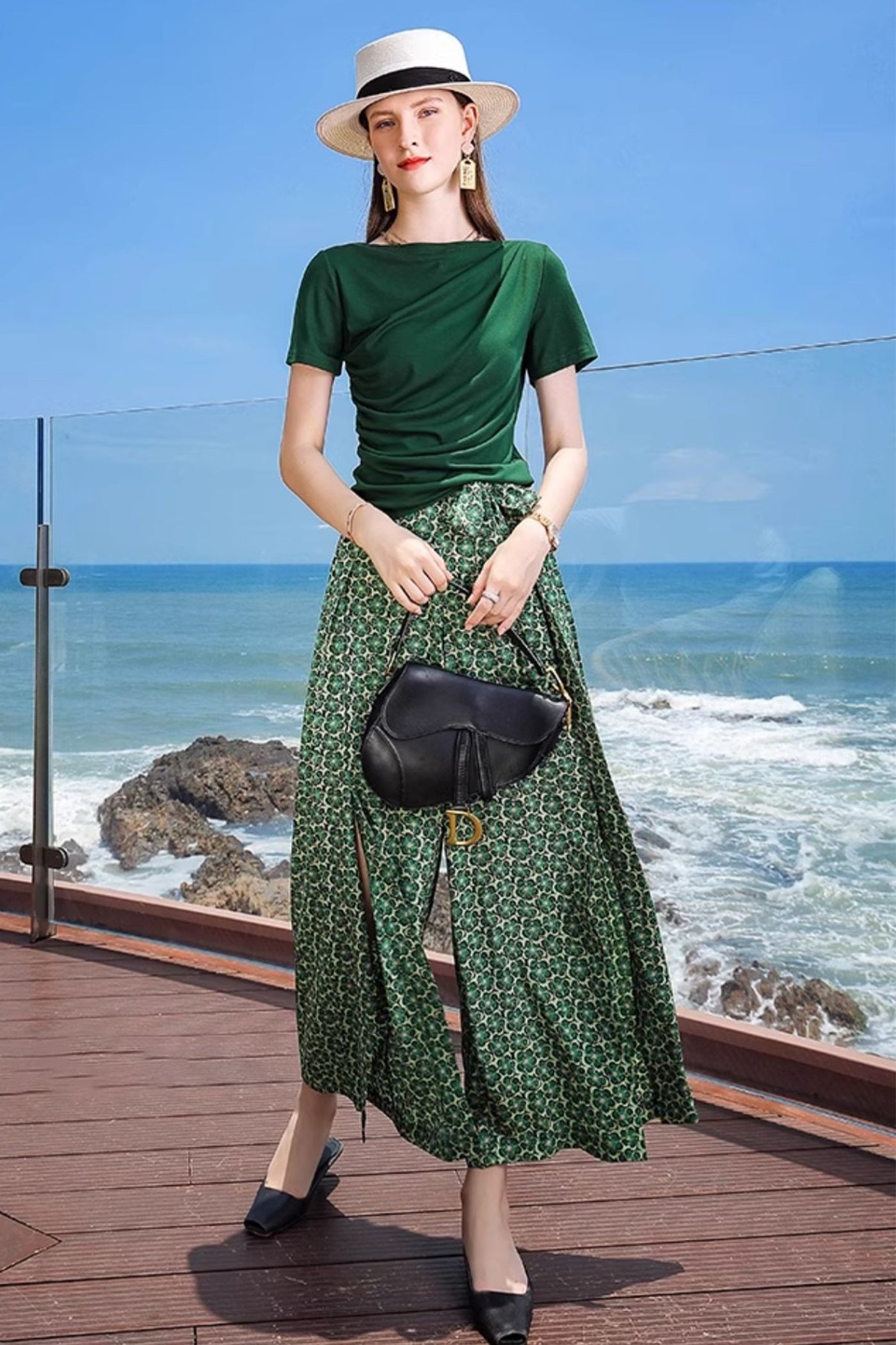 KAMILAN Wide-Leg Trousers in Verdant Bloom with Side Slits