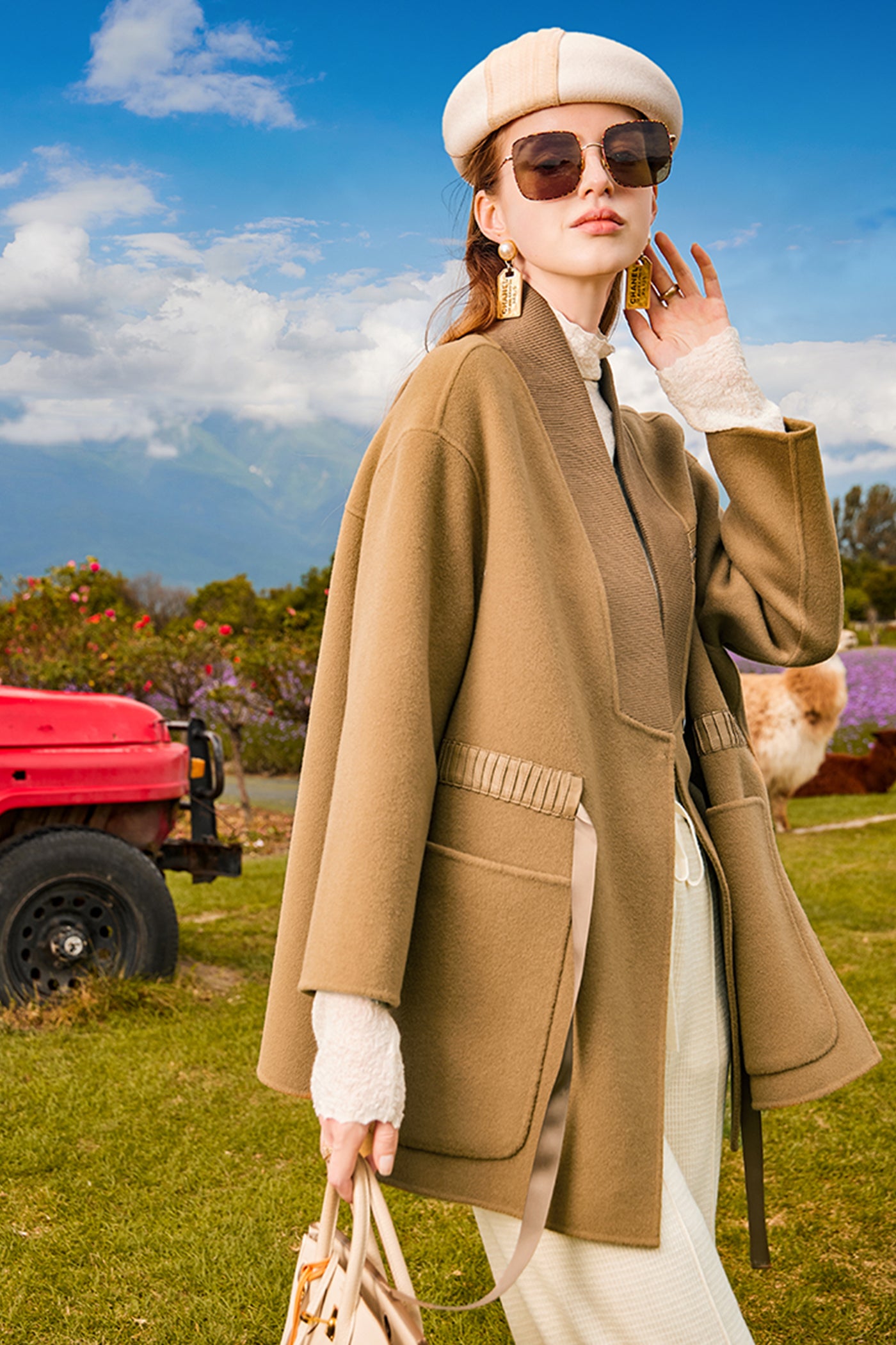 KAMILAN Pure Wool  Coat in Camel with Grosgrain Waist Detailing