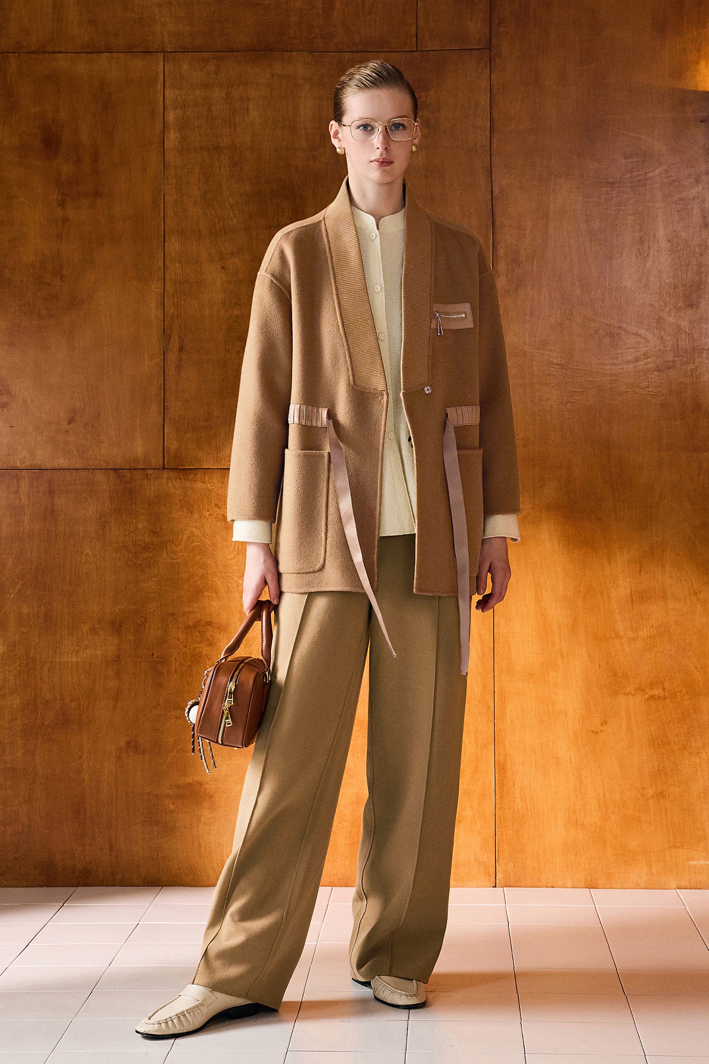 KAMILAN Pure Wool  Coat in Camel with Grosgrain Waist Detailing