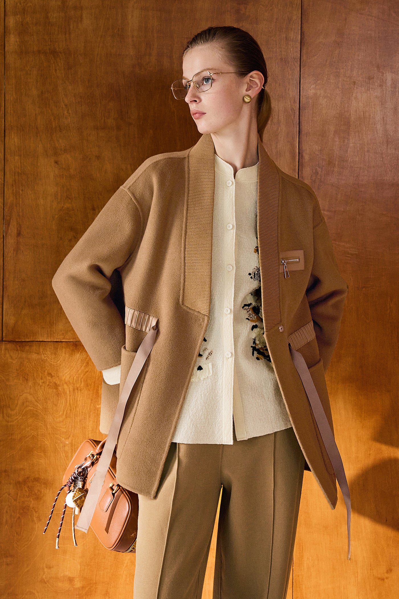 KAMILAN Pure Wool  Coat in Camel with Grosgrain Waist Detailing