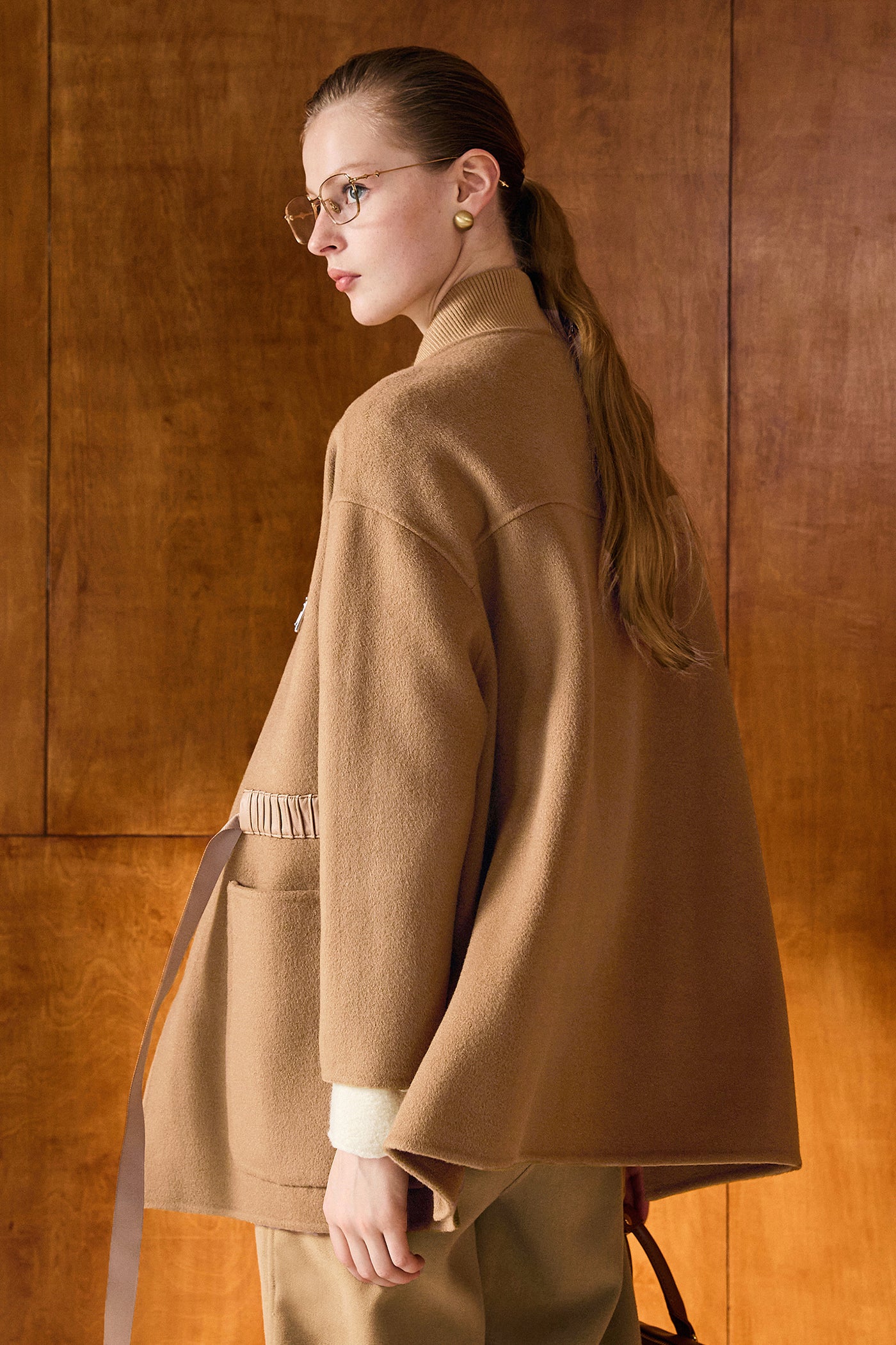 KAMILAN Pure Wool  Coat in Camel with Grosgrain Waist Detailing