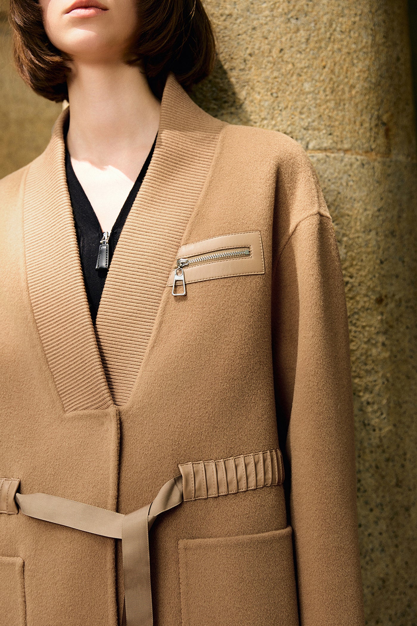 KAMILAN Pure Wool  Coat in Camel with Grosgrain Waist Detailing