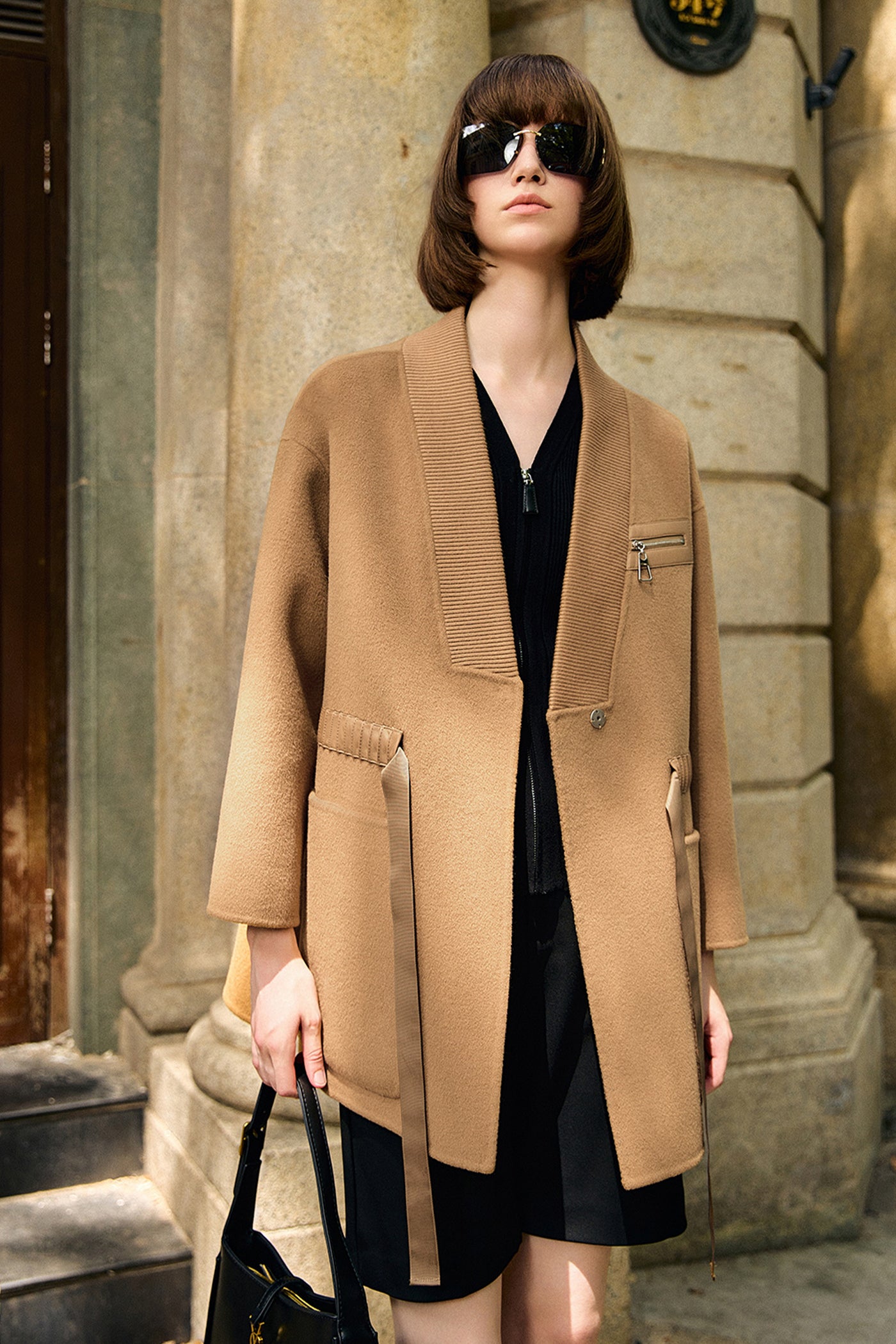 KAMILAN Pure Wool  Coat in Camel with Grosgrain Waist Detailing