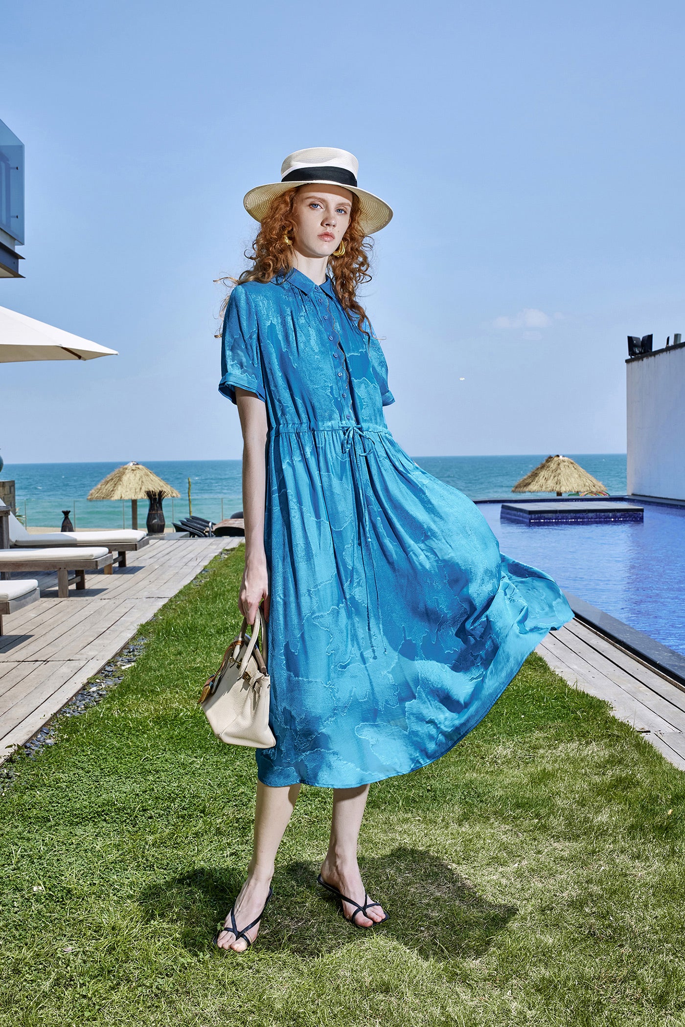 KAMILAN Glossy Jacquard Shirt Dress with Drawstring Waist