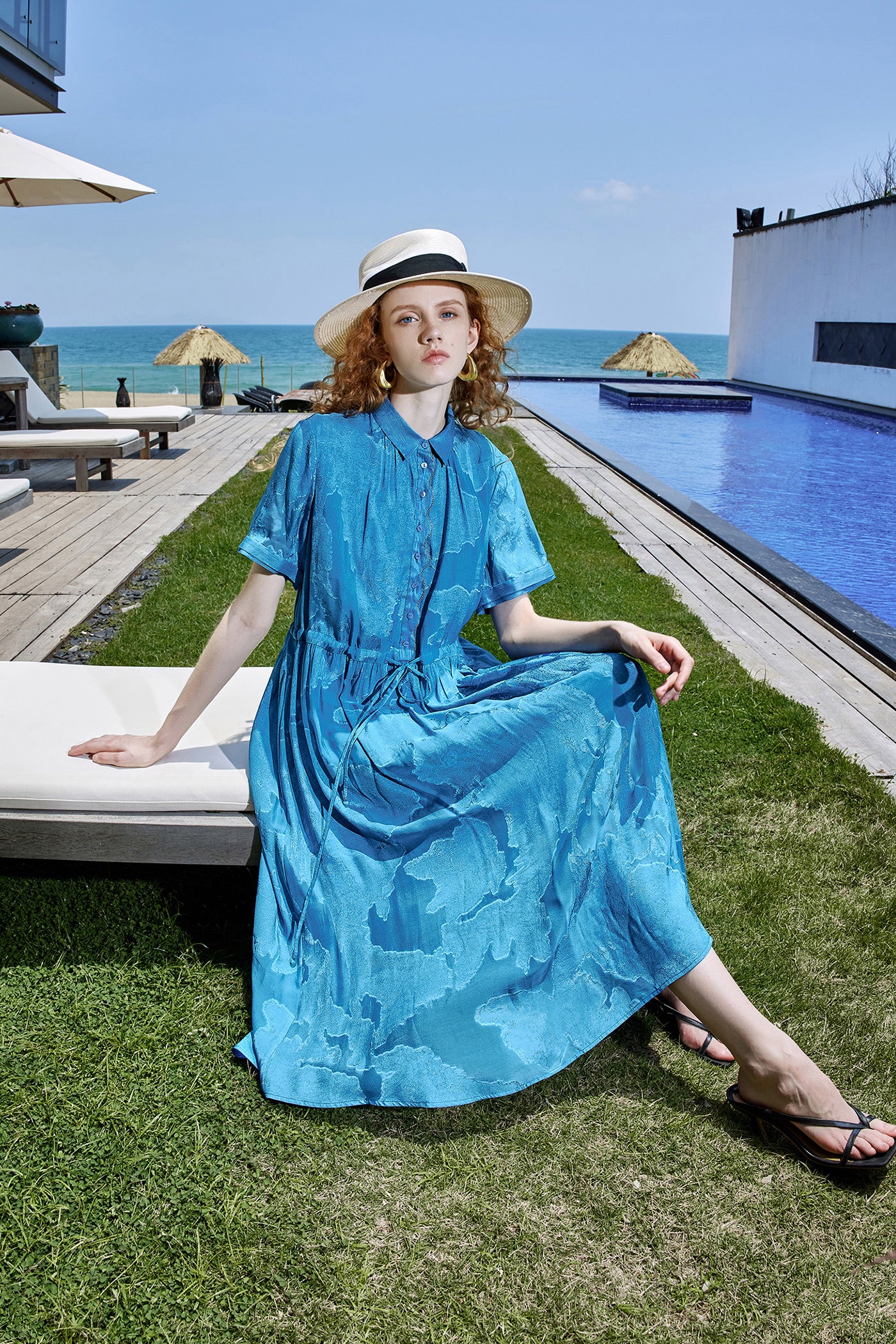 KAMILAN Glossy Jacquard Shirt Dress with Drawstring Waist