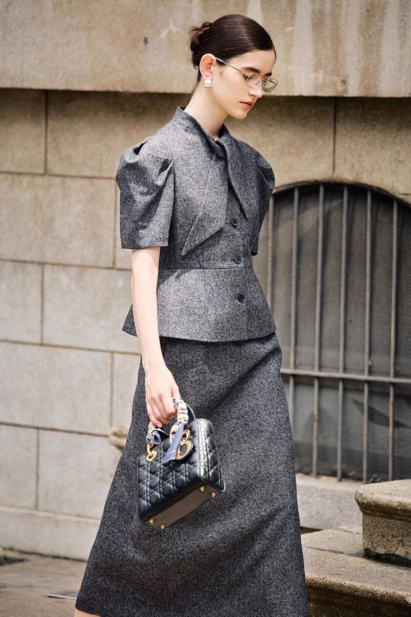 KAMILAN Sculpted Puff-Sleeve Peplum Jacket with Draped Neck Accent