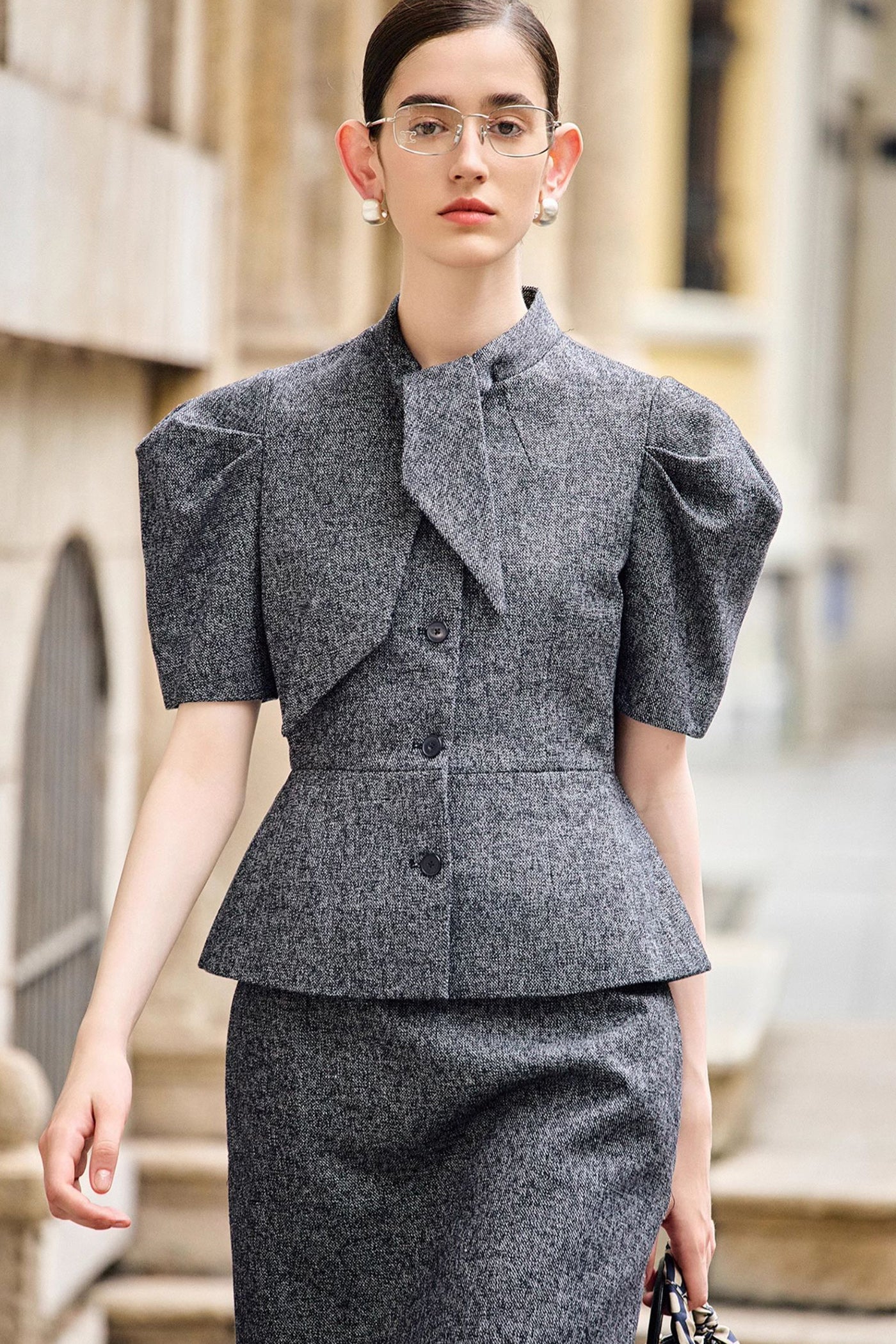 KAMILAN Sculpted Puff-Sleeve Peplum Jacket with Draped Neck Accent