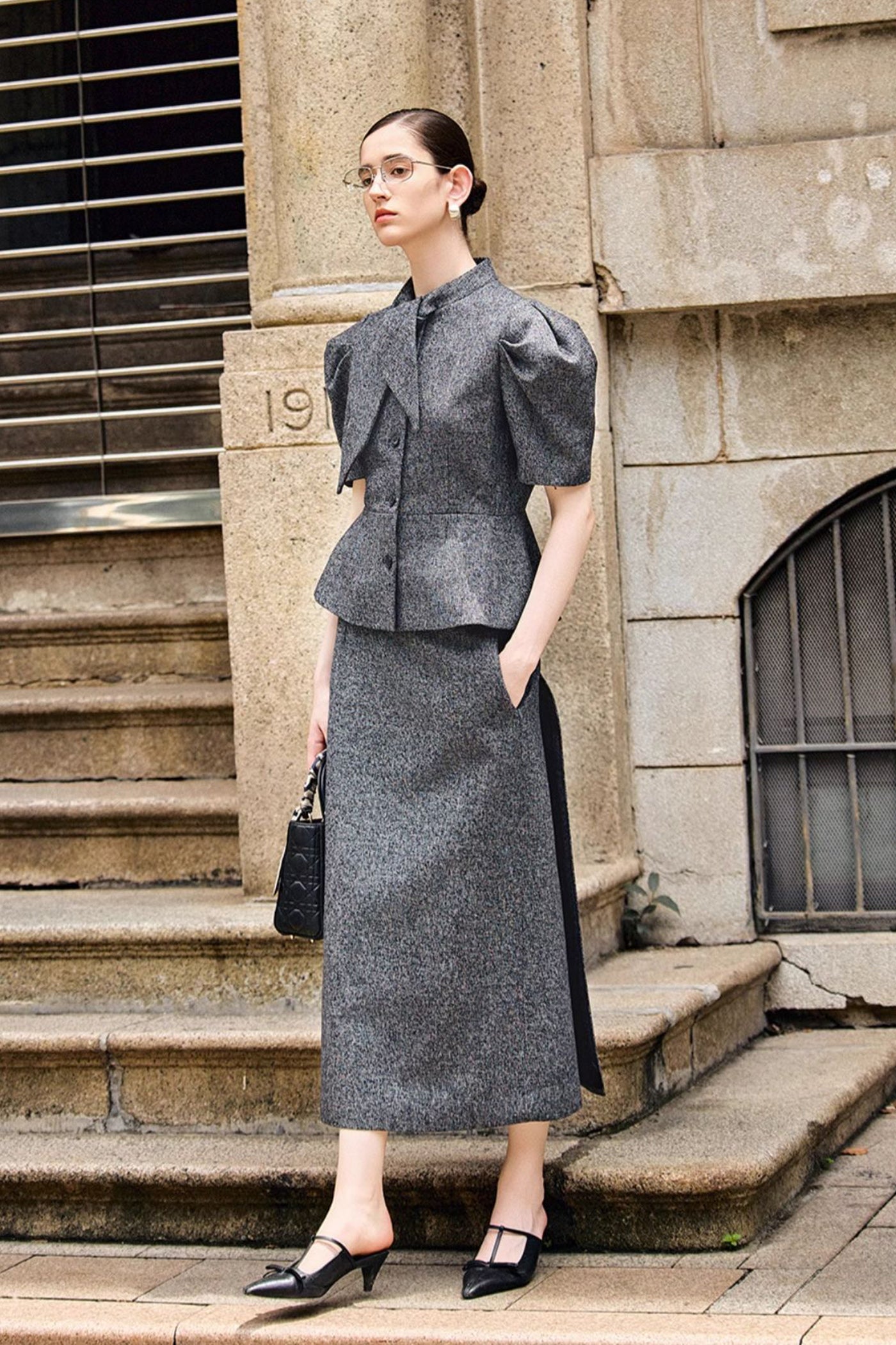 KAMILAN Sculpted Puff-Sleeve Peplum Jacket with Draped Neck Accent