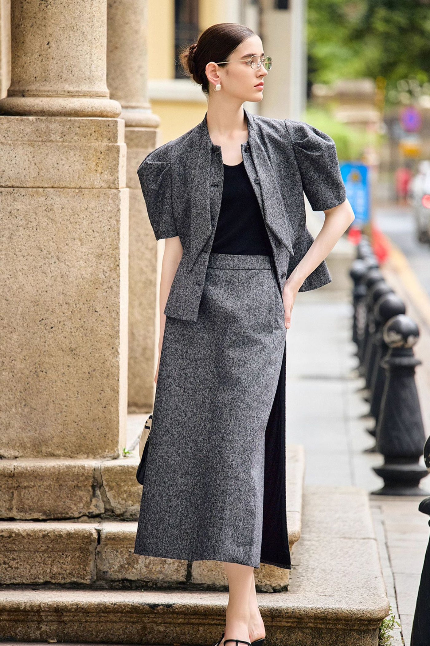KAMILAN Sculpted Puff-Sleeve Peplum Jacket with Draped Neck Accent