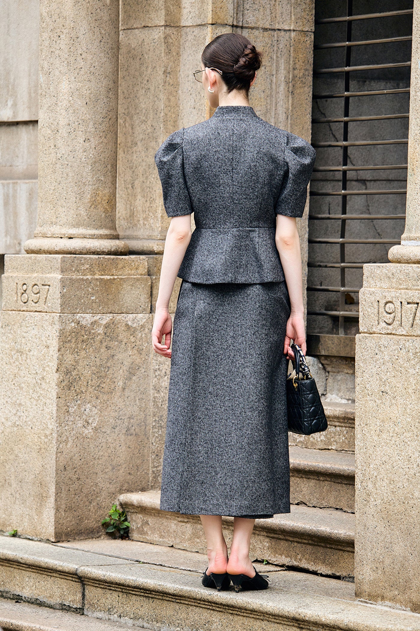KAMILAN Sculpted Puff-Sleeve Peplum Jacket with Draped Neck Accent
