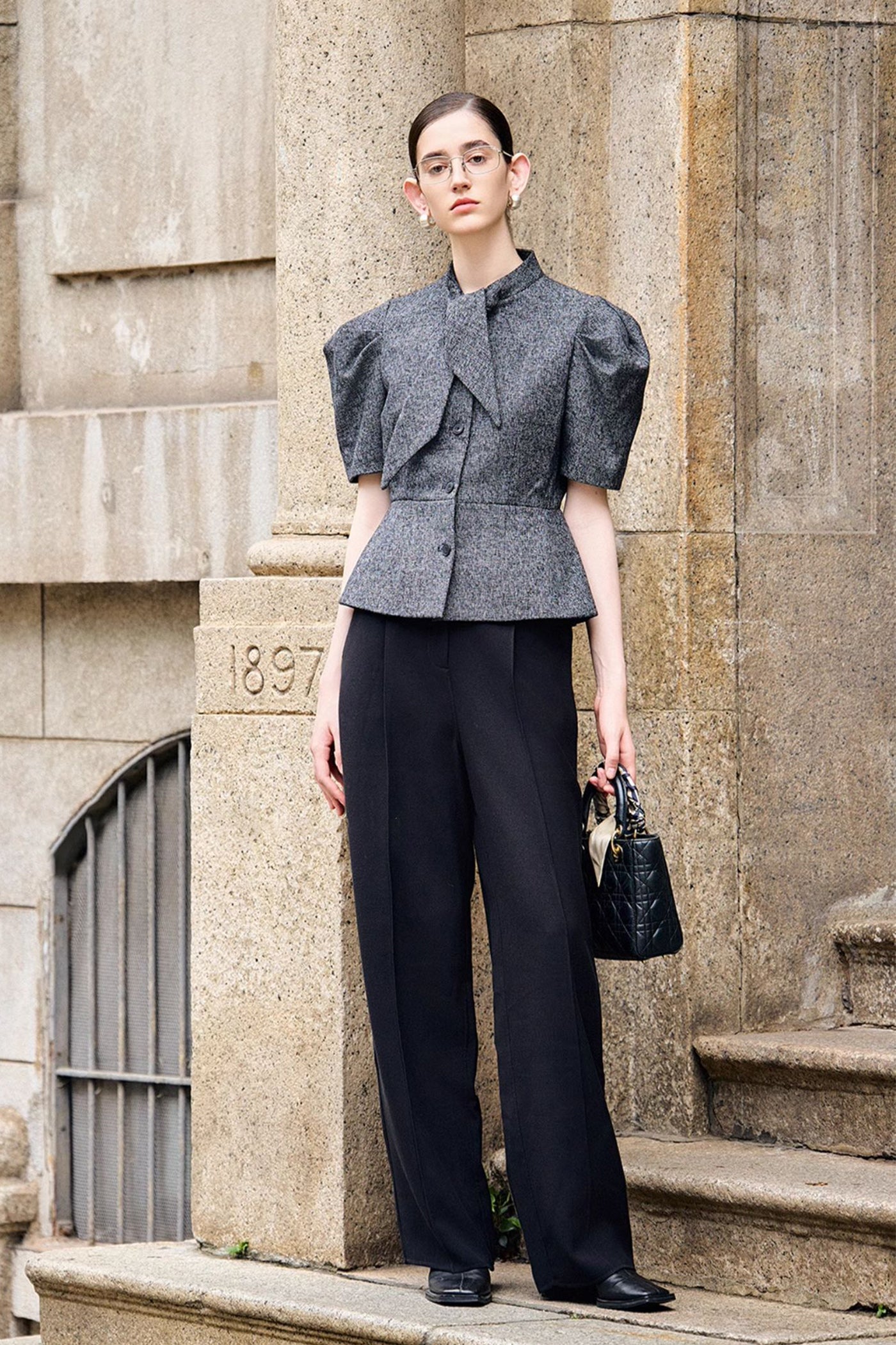 KAMILAN Sculpted Puff-Sleeve Peplum Jacket with Draped Neck Accent