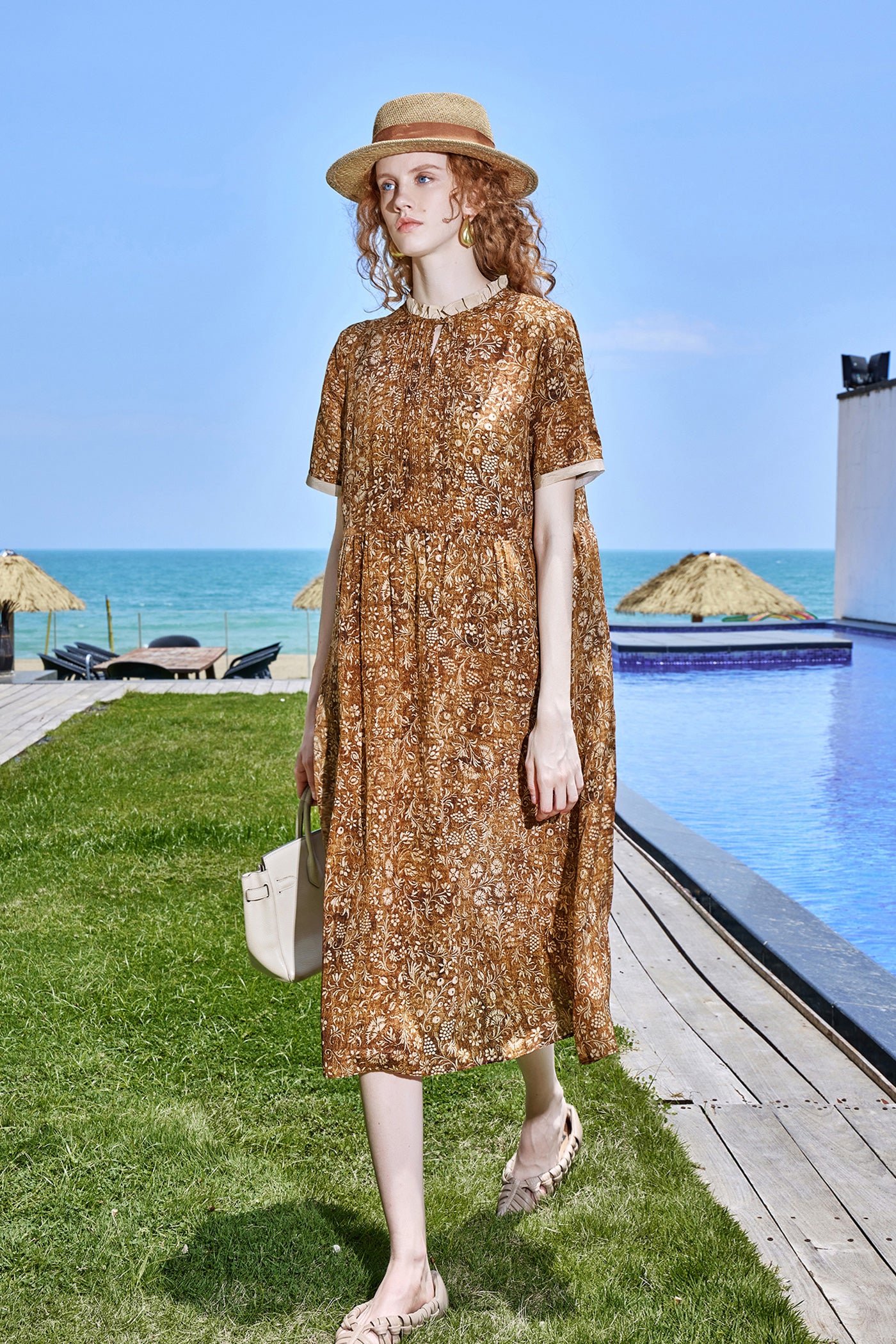 KAMILAN Relaxed Silk Midi Dress with Allover Botanical Motif