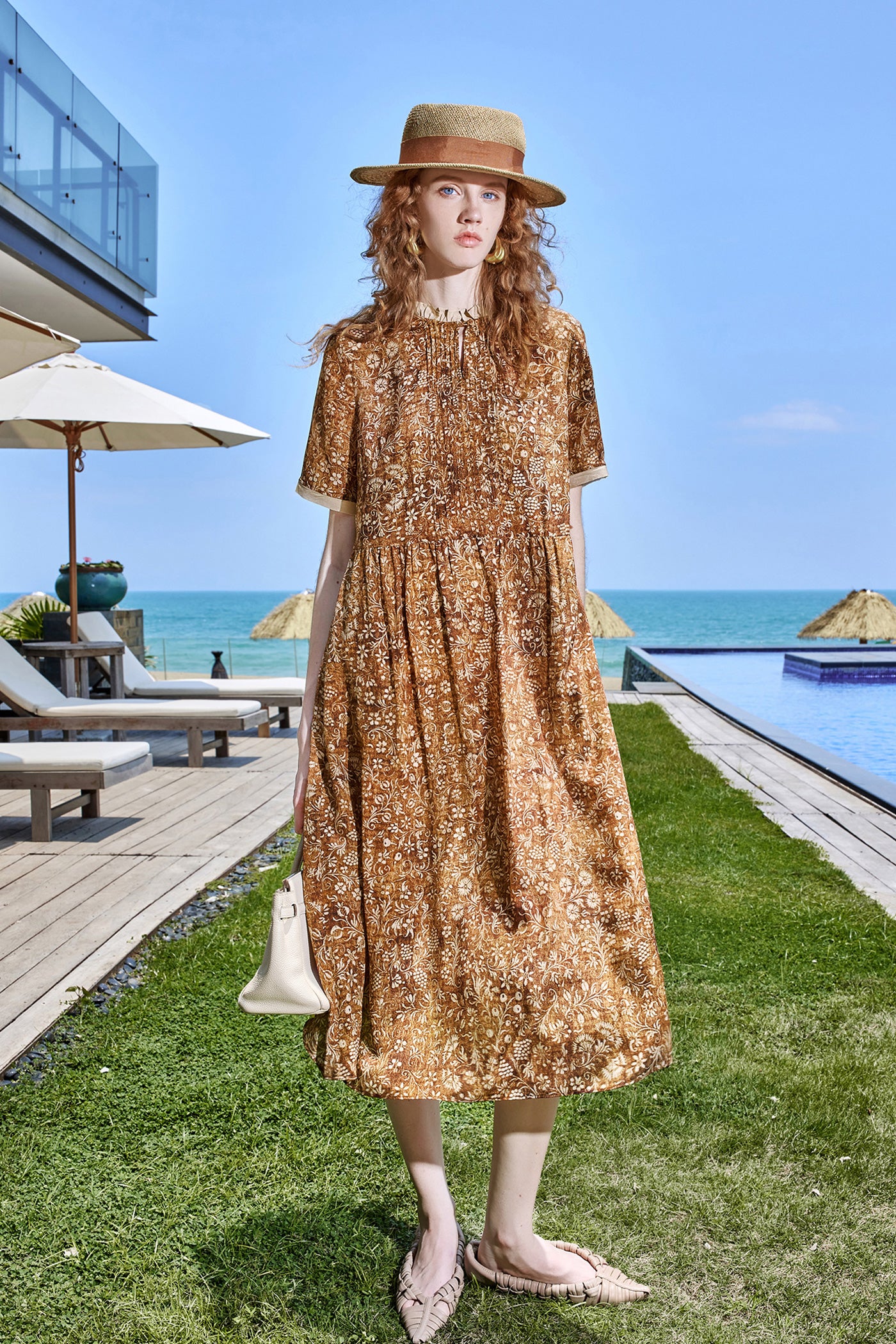KAMILAN Relaxed Silk Midi Dress with Allover Botanical Motif