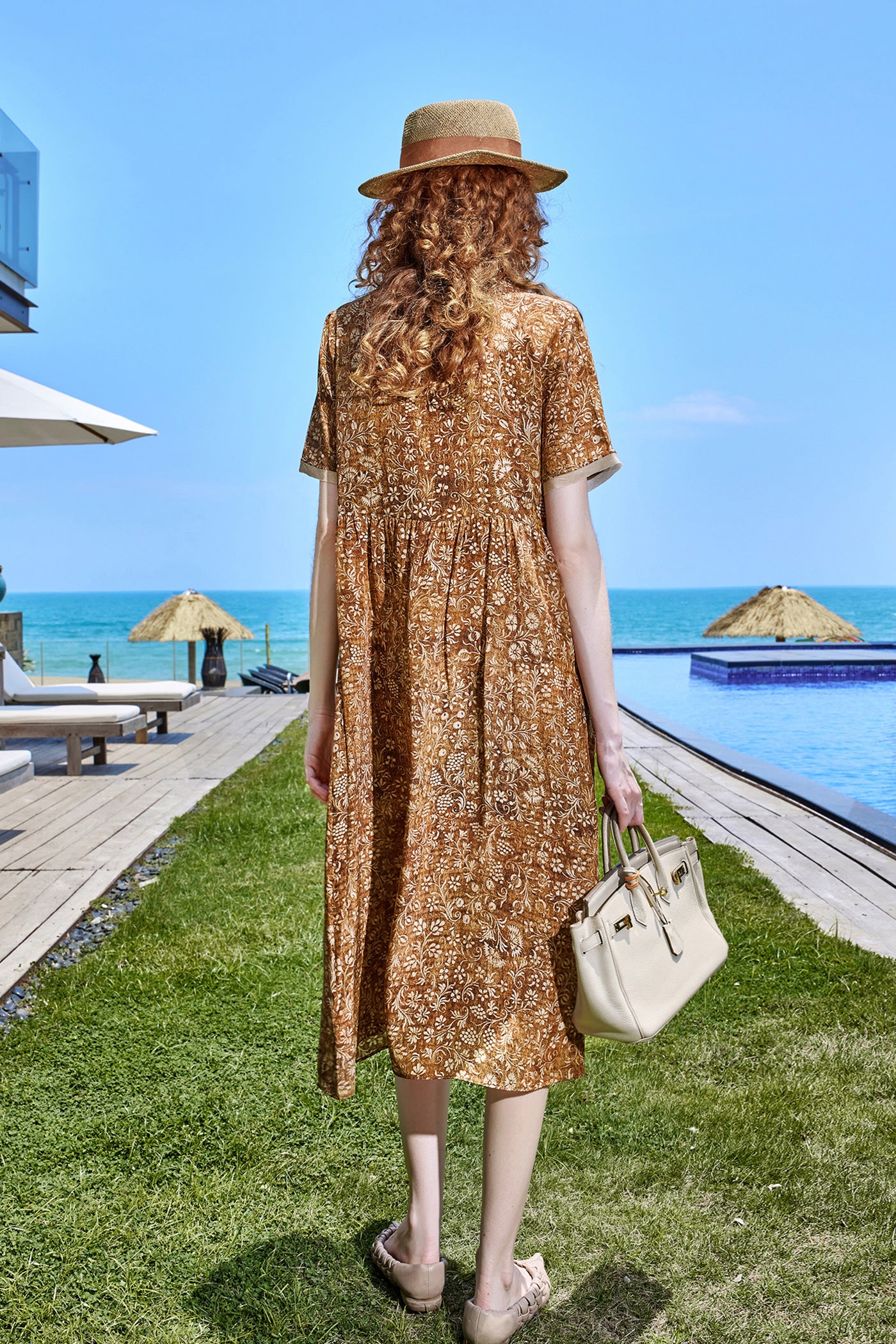 KAMILAN Relaxed Silk Midi Dress with Allover Botanical Motif