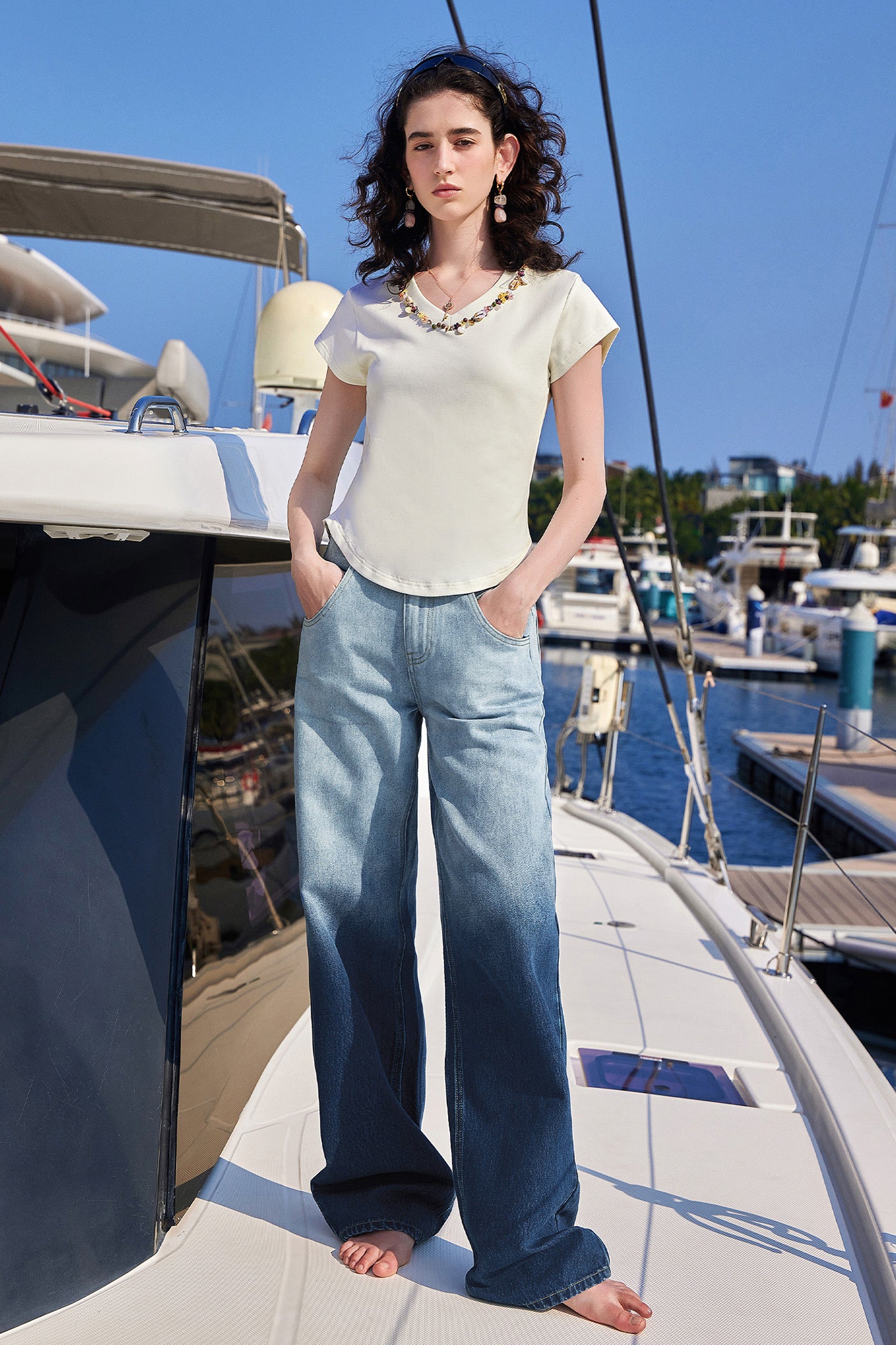 KAMILAN Embellished V-Neck Short-Sleeve Tee