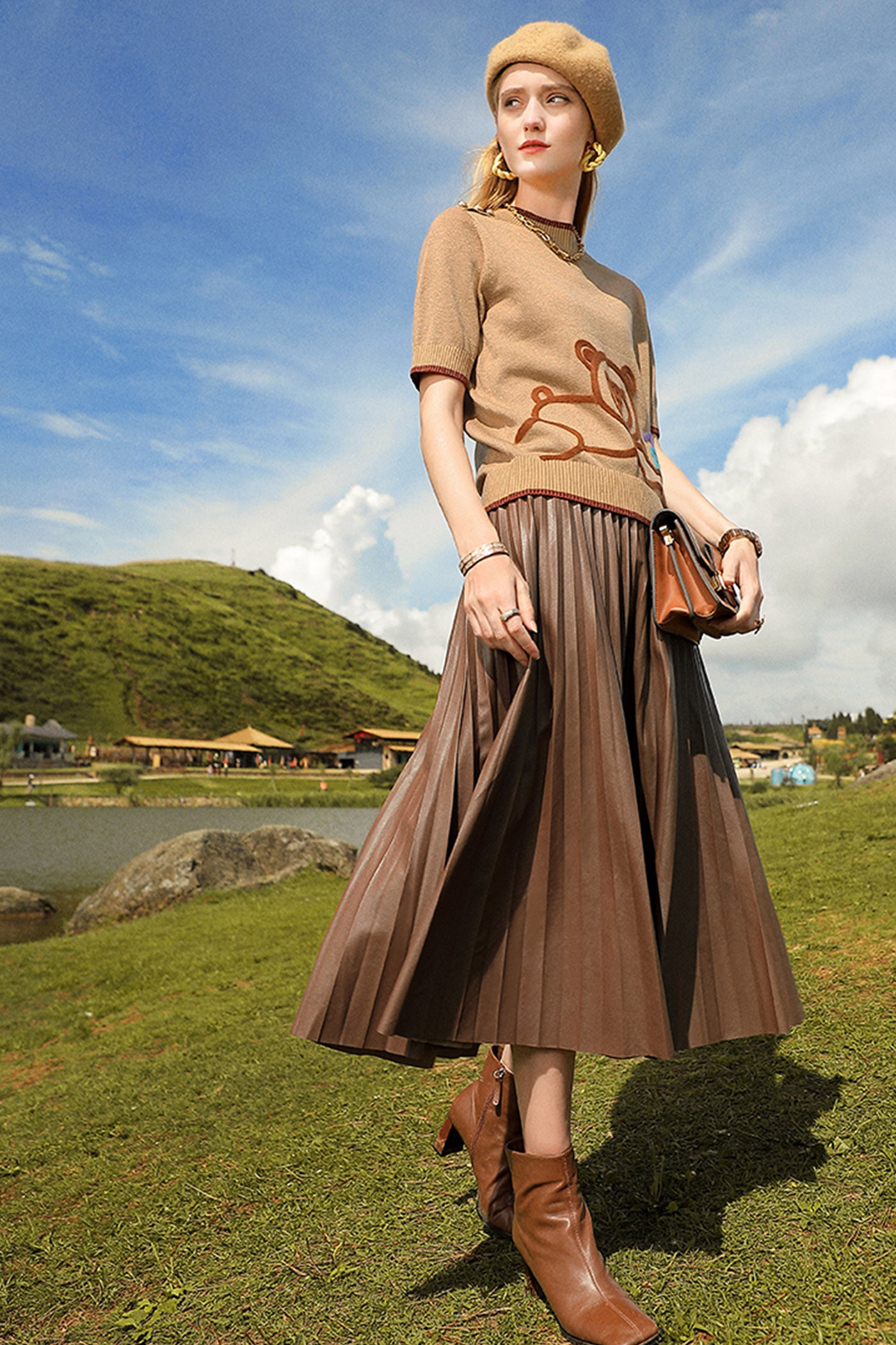 KAMILAN Women's PU Leather Pleated Skirt – 2025 Autumn Winter New Mid-Length A-Line Skirt