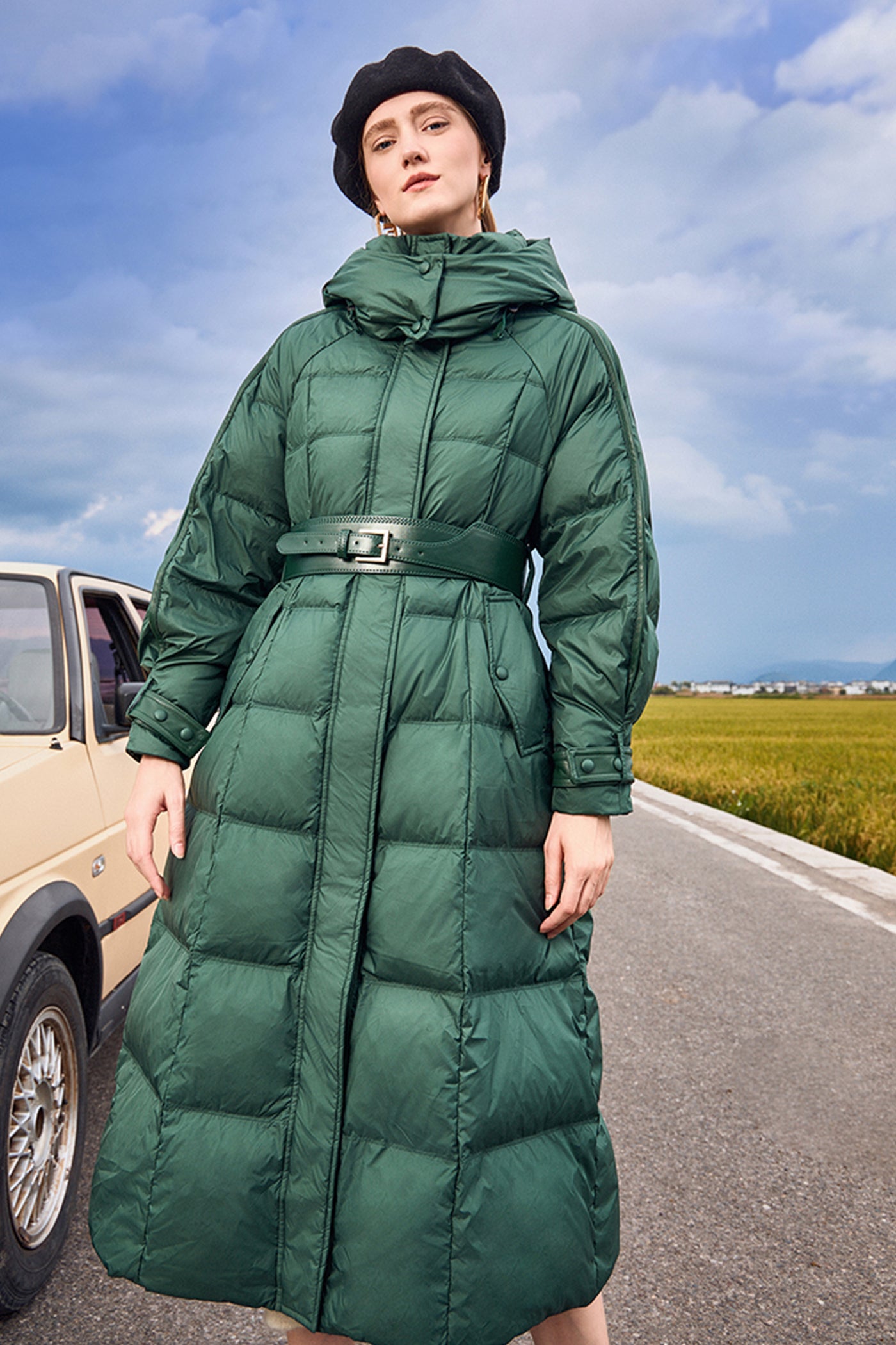 KAMILAN Women's White Goose Down Coat – 2025 Winter New Mid-Length Hooded Puffer Jacket