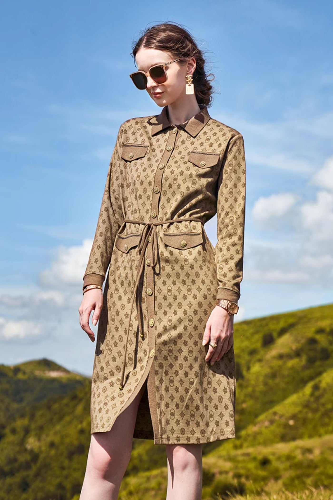 KAMILAN Women's High-Waist Shirt Dress – 2025 Autumn New French Chic Slimming Midi Long-Sleeve Dress