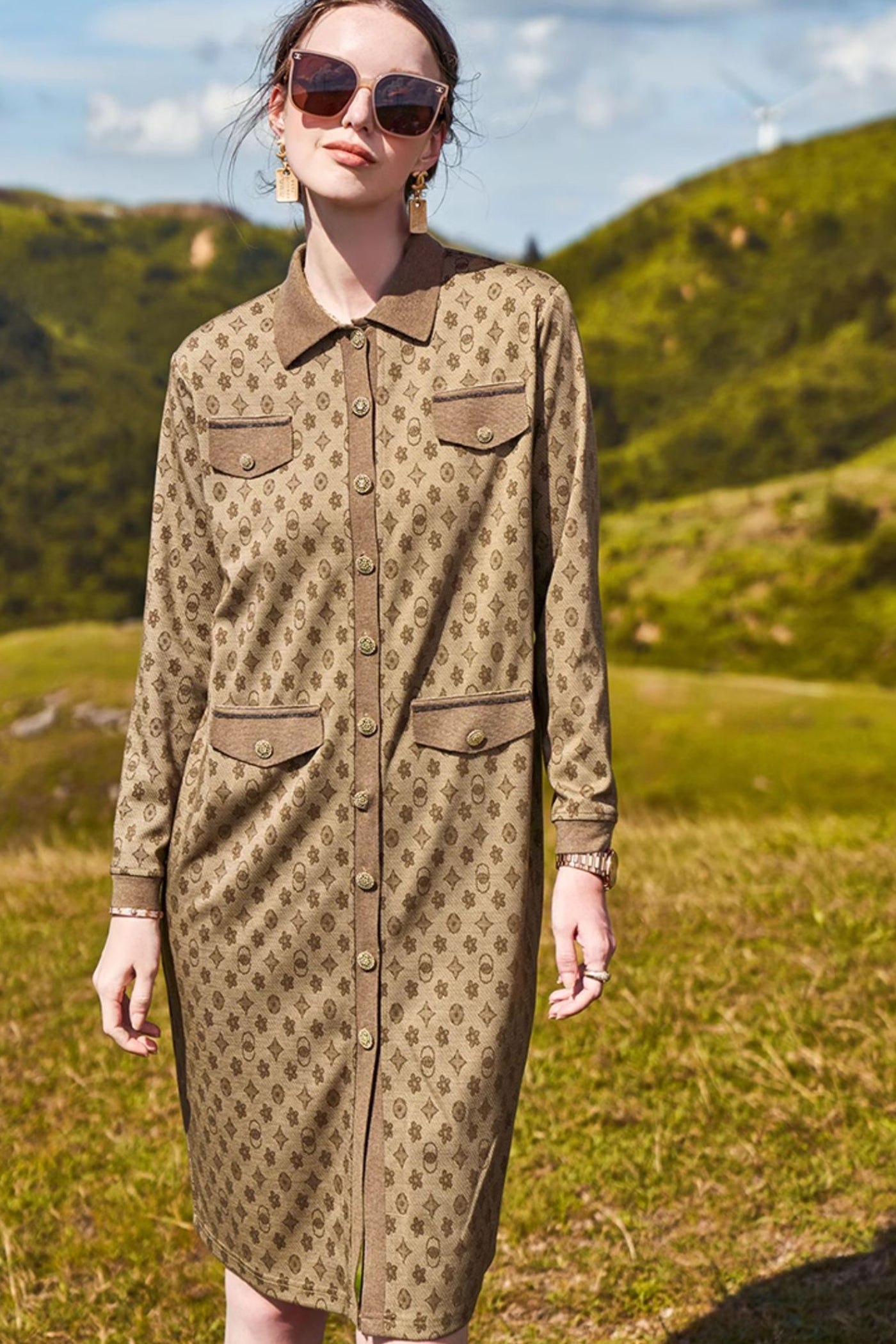 KAMILAN Women's High-Waist Shirt Dress – 2025 Autumn New French Chic Slimming Midi Long-Sleeve Dress