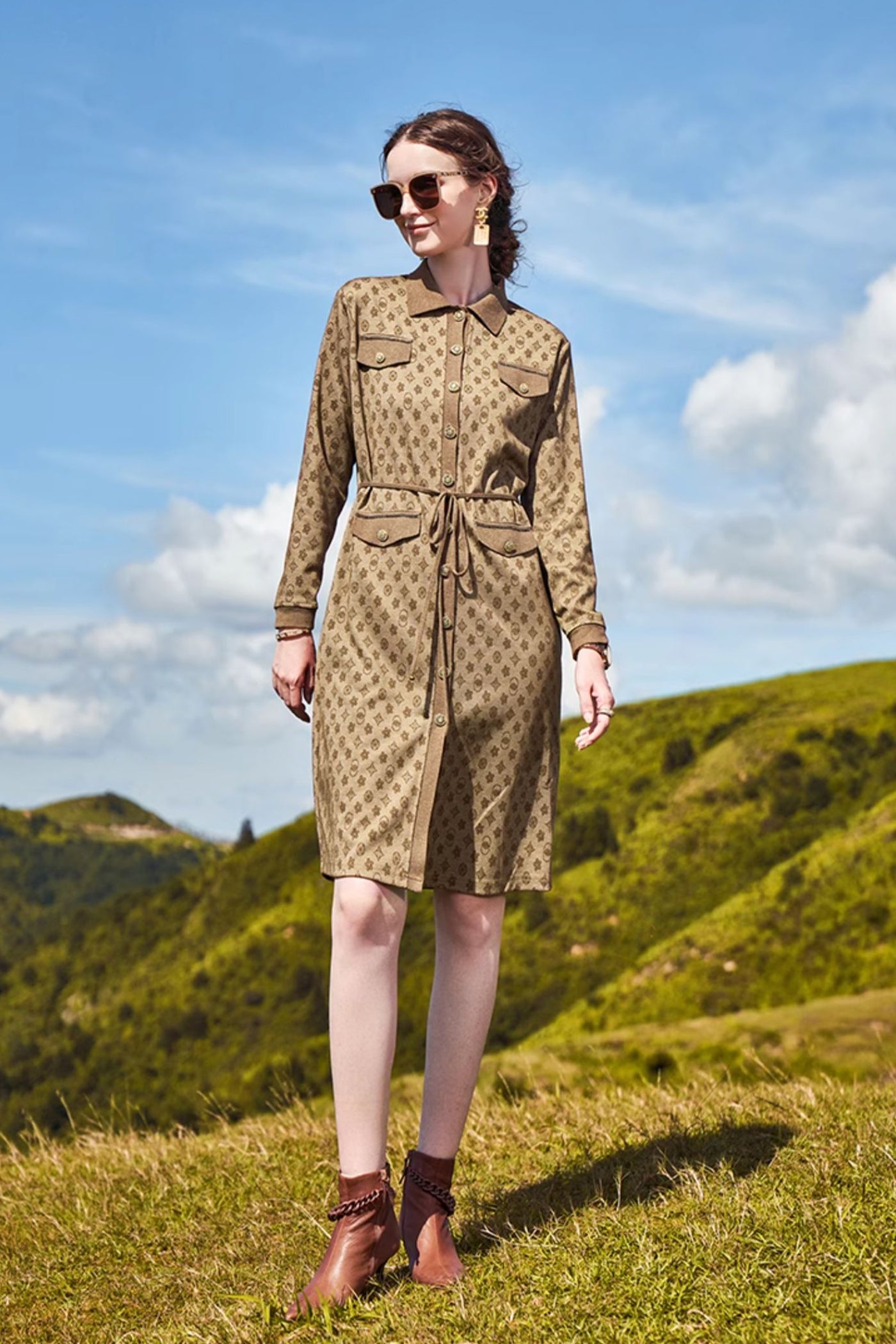 KAMILAN Women's High-Waist Shirt Dress – 2025 Autumn New French Chic Slimming Midi Long-Sleeve Dress