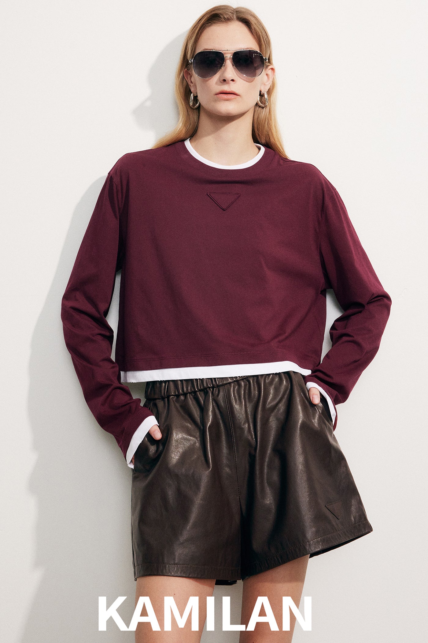 KAMILAN Women's Cotton Long-Sleeve T-Shirt – 2025 Autumn New Fashion Short Top