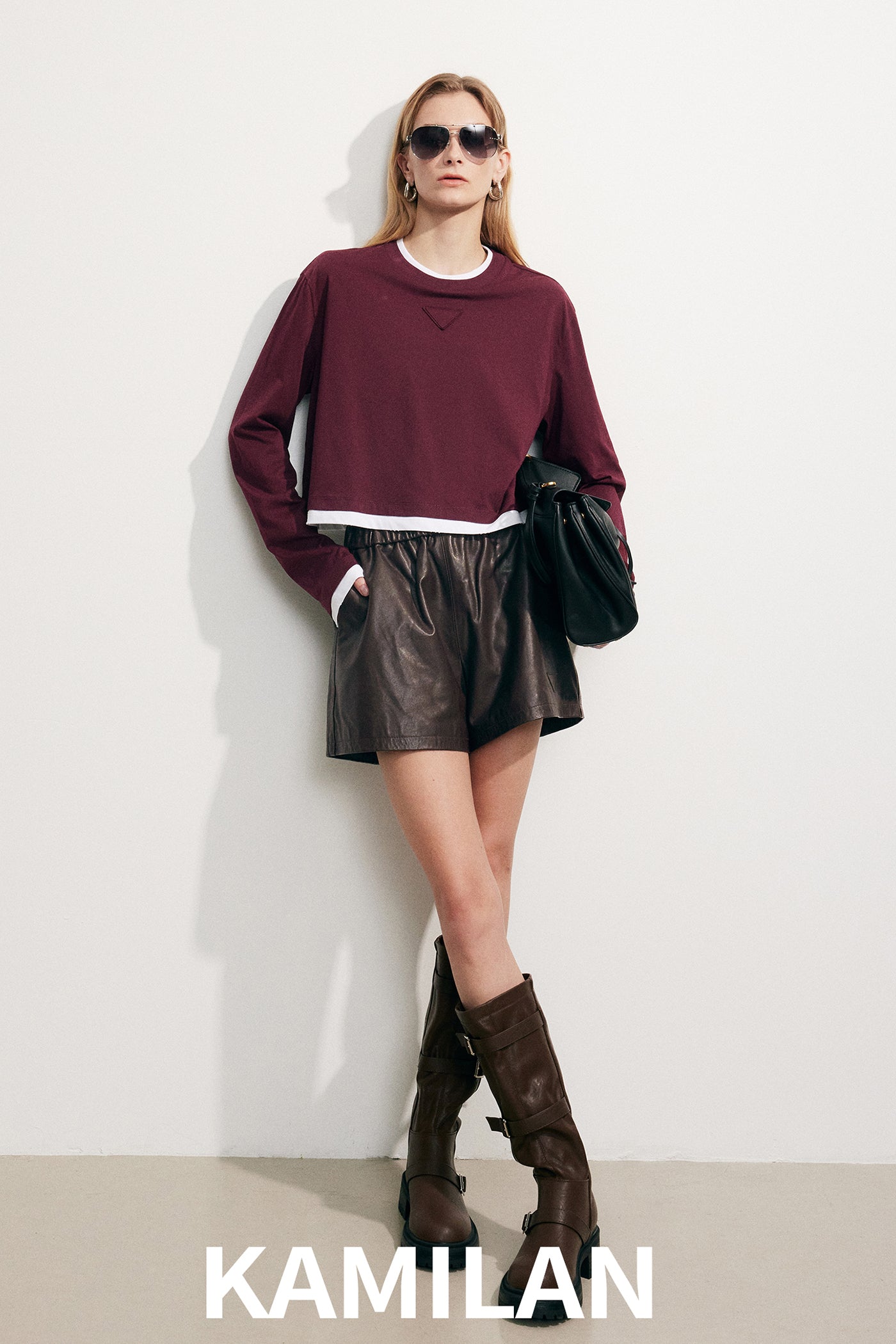 KAMILAN Women's Cotton Long-Sleeve T-Shirt – 2025 Autumn New Fashion Short Top