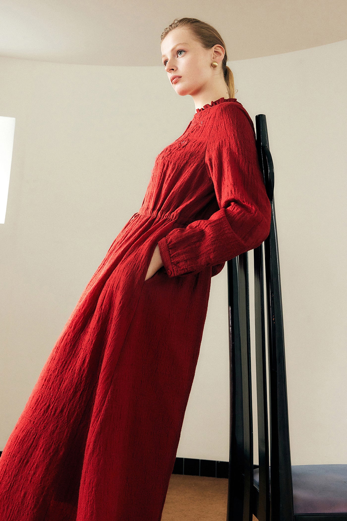 KAMILAN Women's Wool Midi Dress – 2025 Autumn New Red Embroidered Beaded A-Line Dress