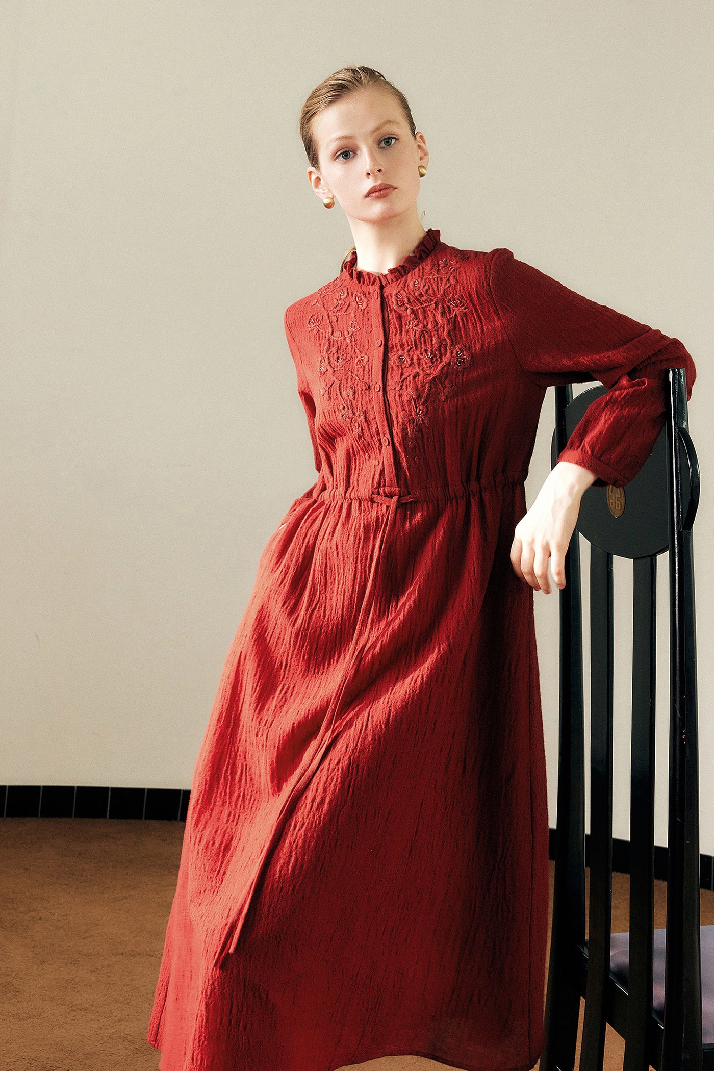 KAMILAN Women's Wool Midi Dress – 2025 Autumn New Red Embroidered Beaded A-Line Dress