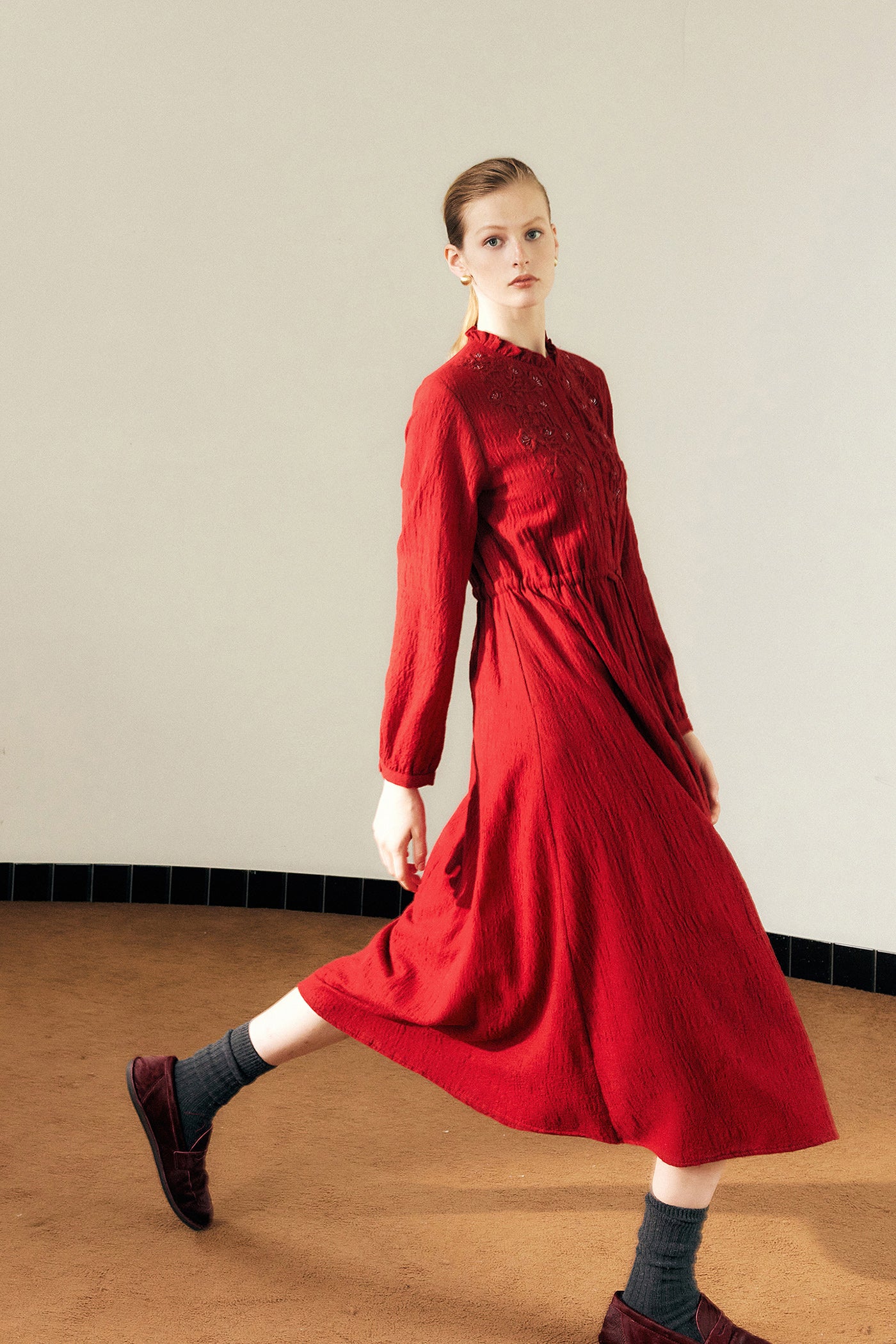 KAMILAN Women's Wool Midi Dress – 2025 Autumn New Red Embroidered Beaded A-Line Dress