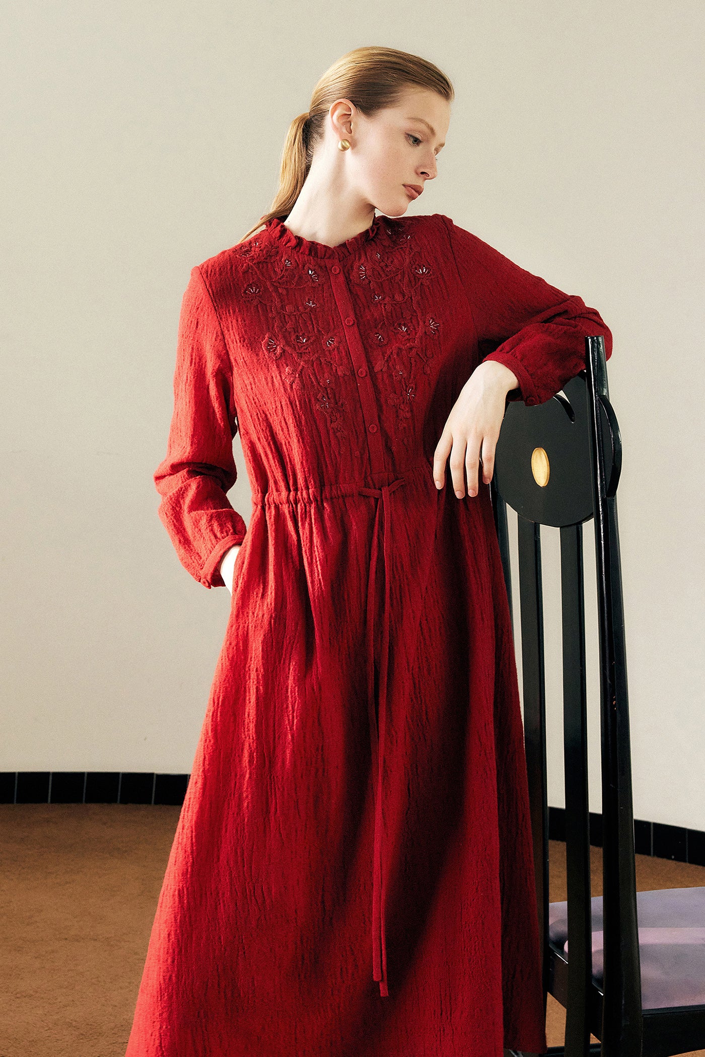 KAMILAN Women's Wool Midi Dress – 2025 Autumn New Red Embroidered Beaded A-Line Dress