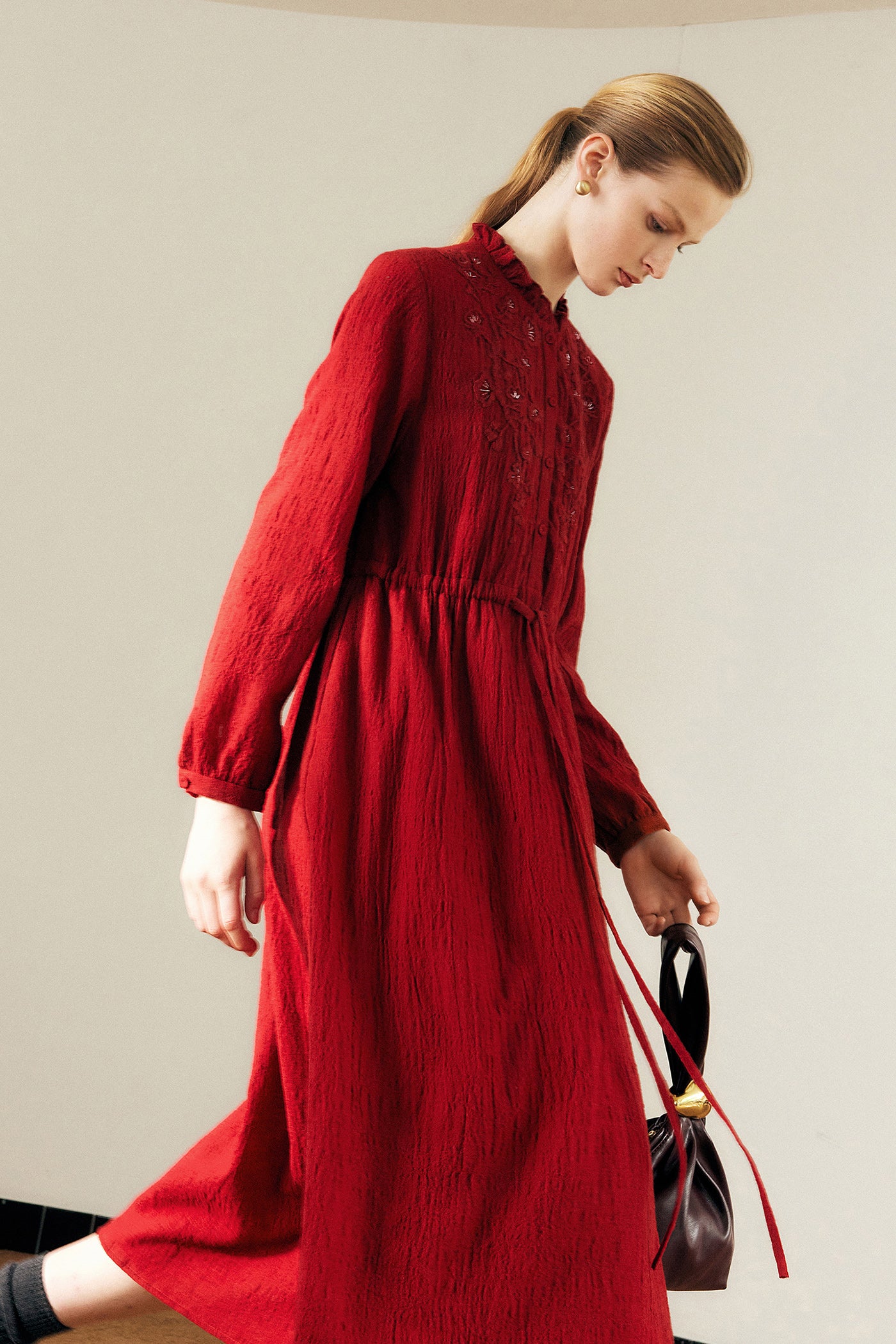 KAMILAN Women's Wool Midi Dress – 2025 Autumn New Red Embroidered Beaded A-Line Dress