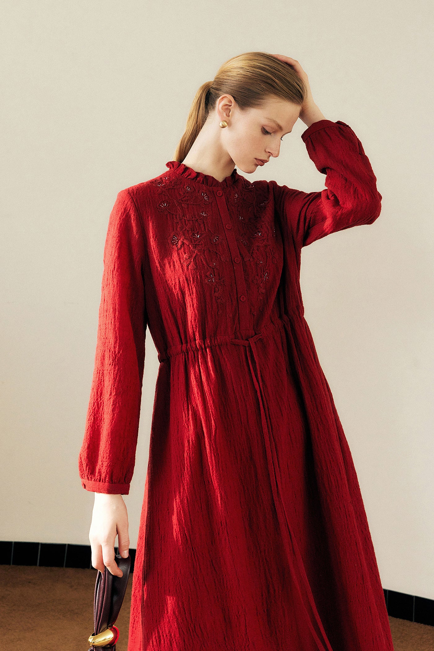 KAMILAN Women's Wool Midi Dress – 2025 Autumn New Red Embroidered Beaded A-Line Dress