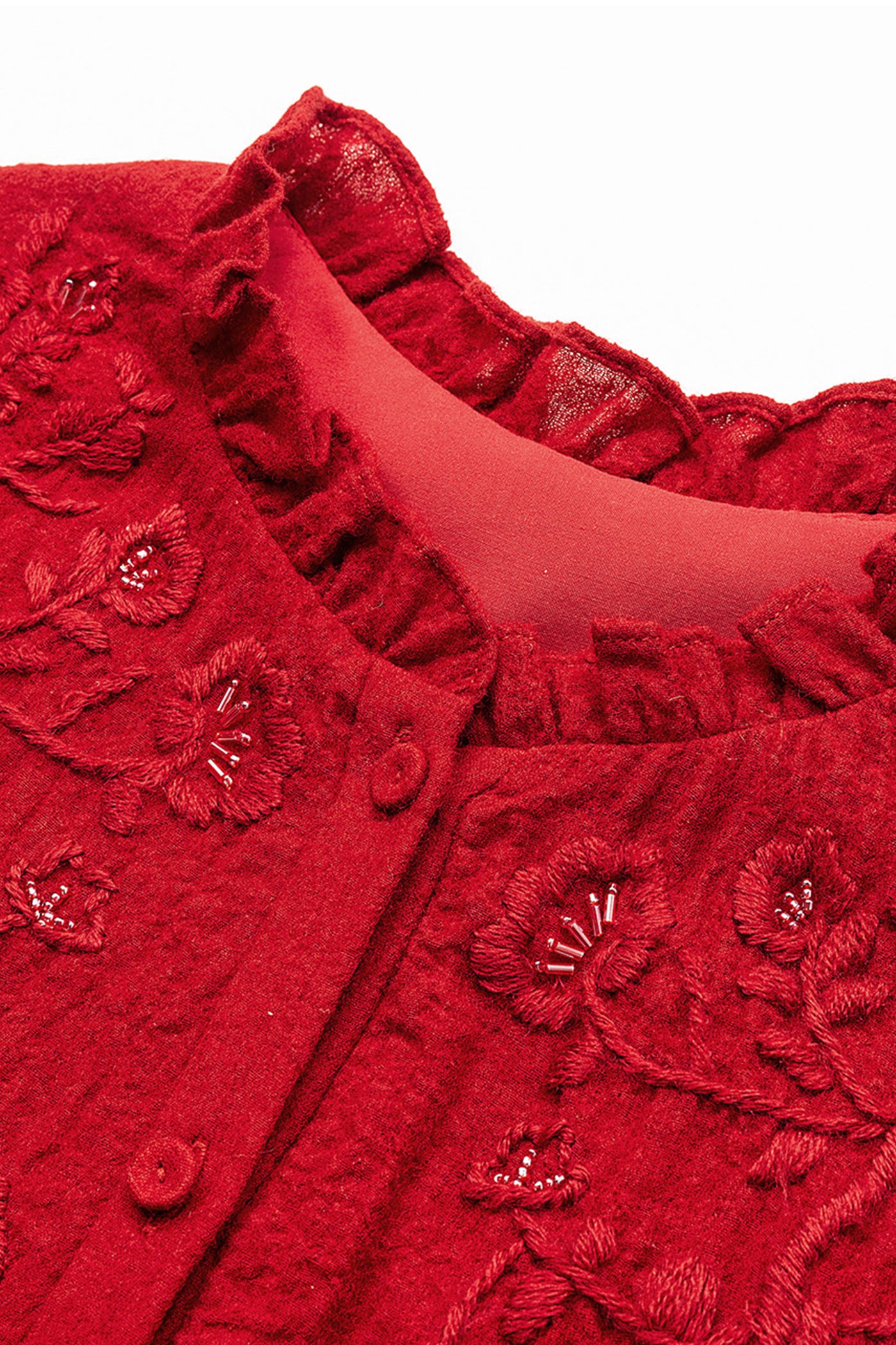 KAMILAN Women's Wool Midi Dress – 2025 Autumn New Red Embroidered Beaded A-Line Dress