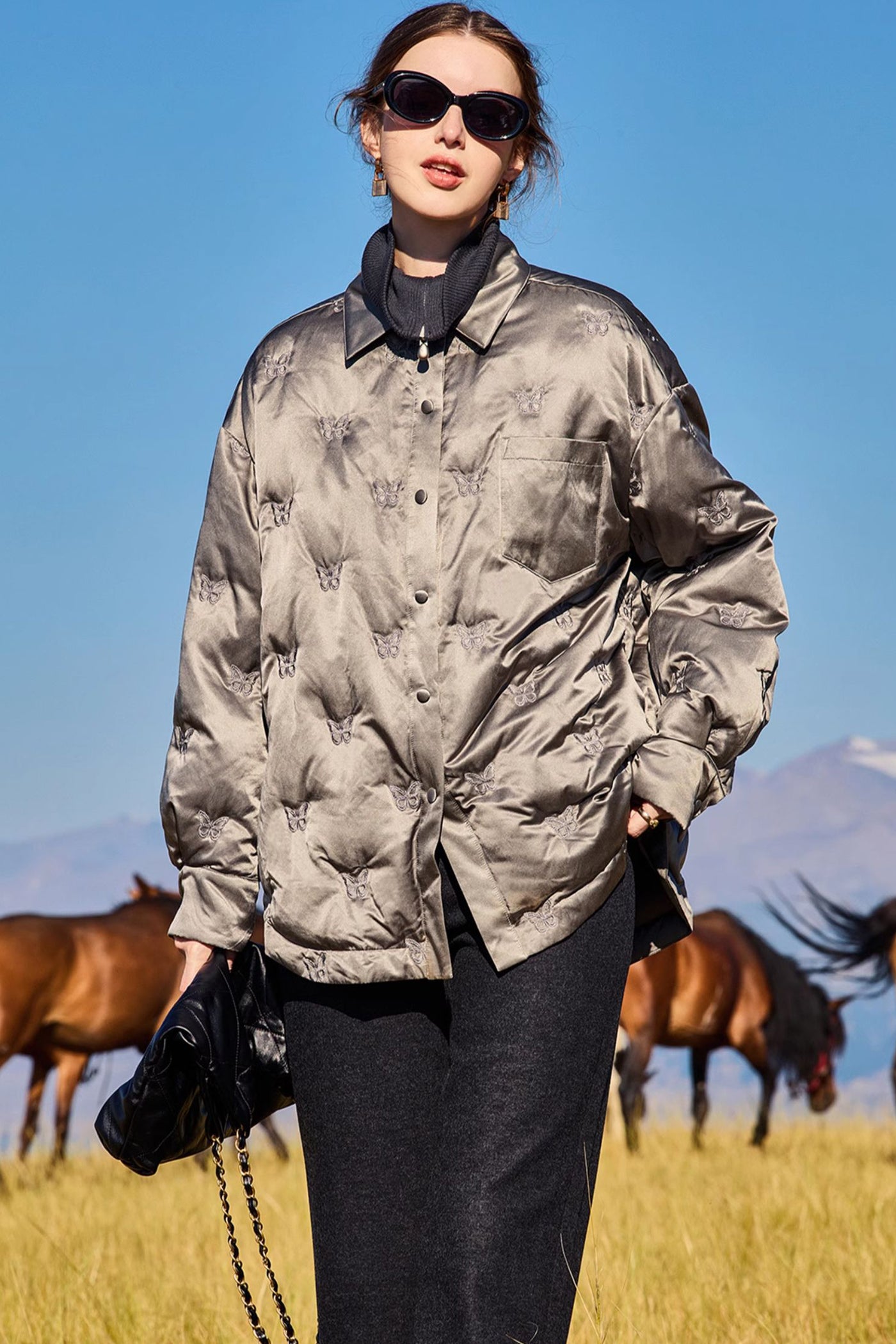 KAMILAN Women's White Goose Down Coat – 2025 Winter New Embroidered Jacket with Turn-Down Collar