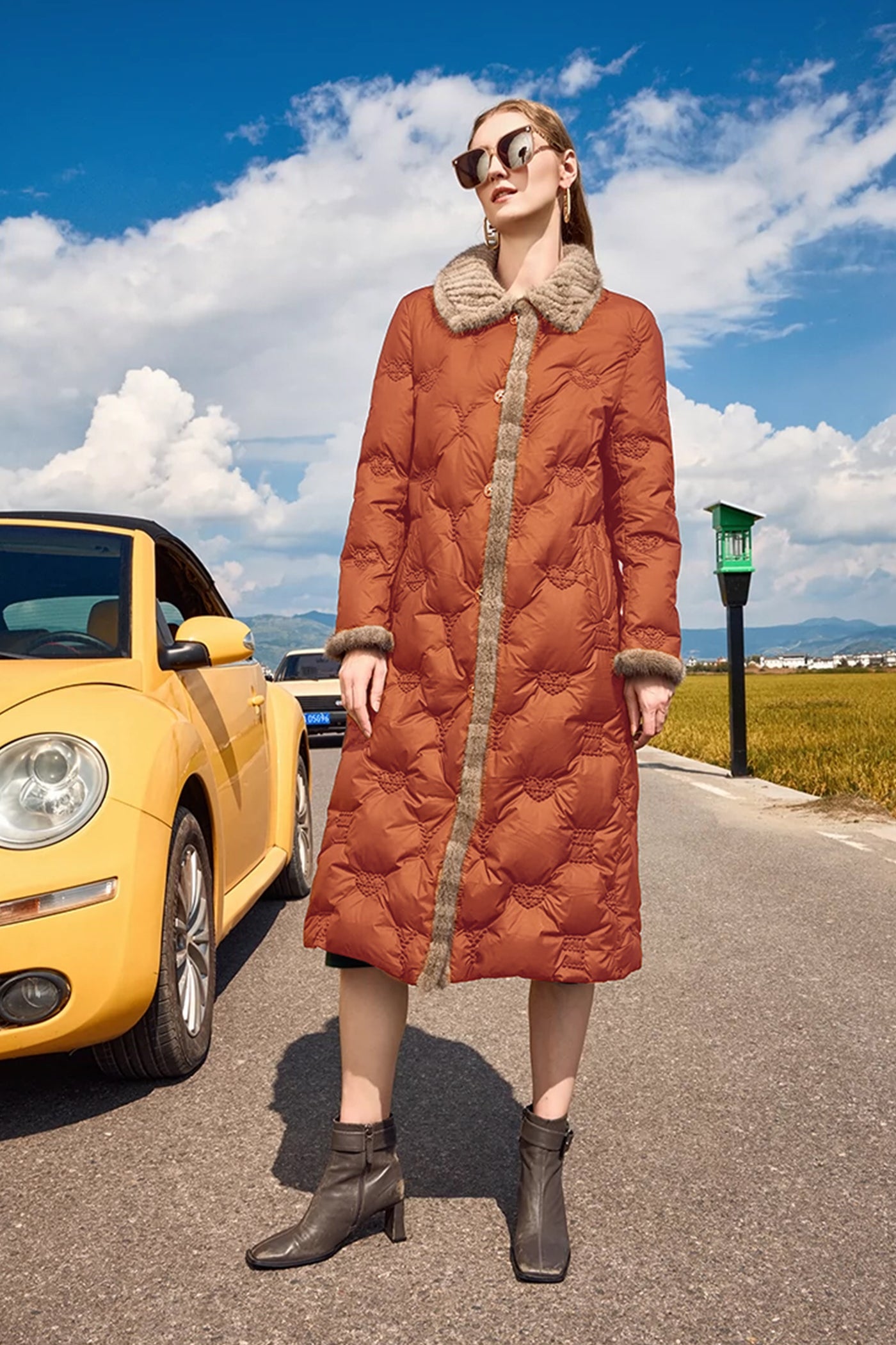 KAMILAN Women's White Goose Down Coat – 2025 Winter New Mid-Length Embroidered Down Jacket with Mink Fur Collar Splicing