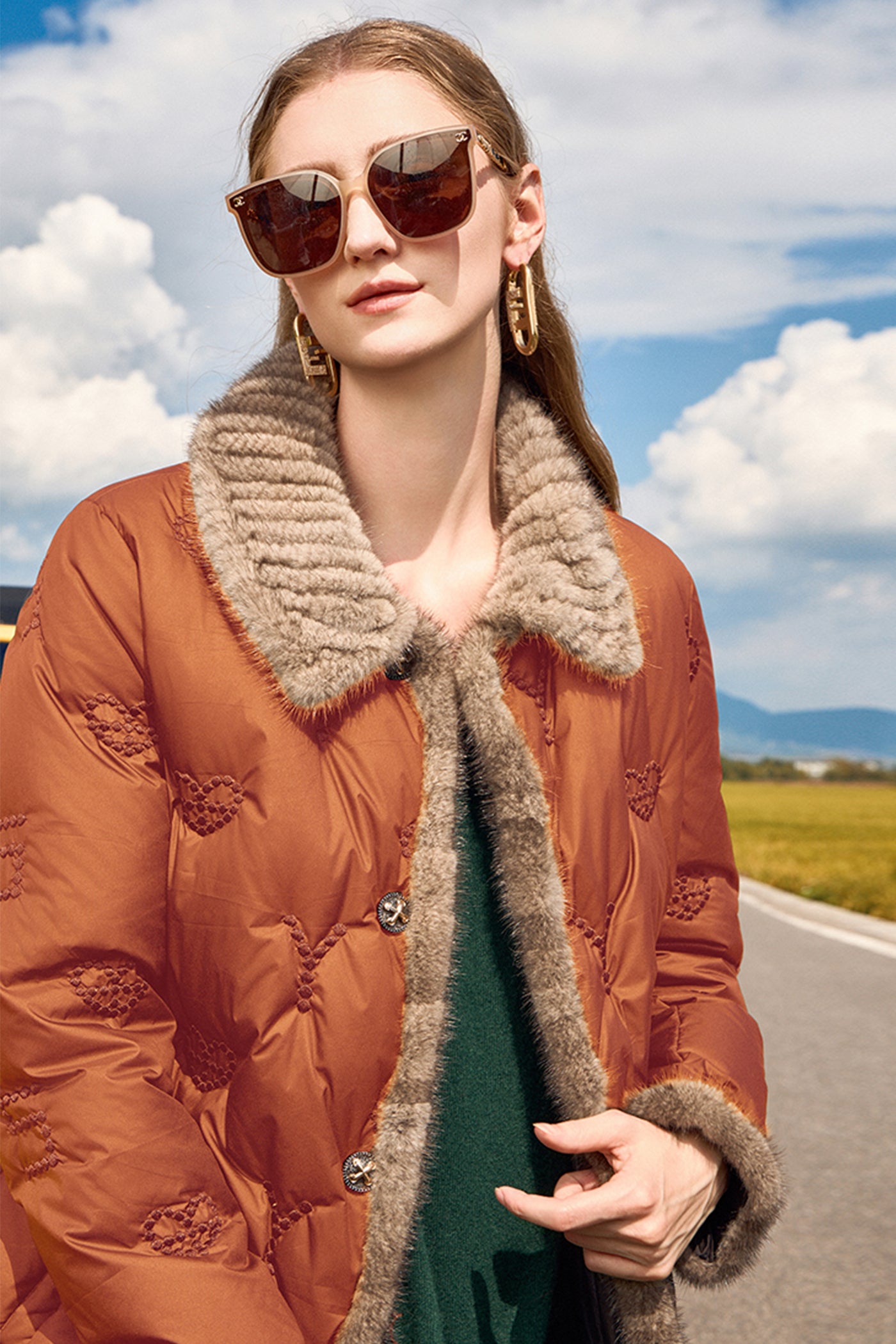 KAMILAN Women's White Goose Down Coat – 2025 Winter New Mid-Length Embroidered Down Jacket with Mink Fur Collar Splicing