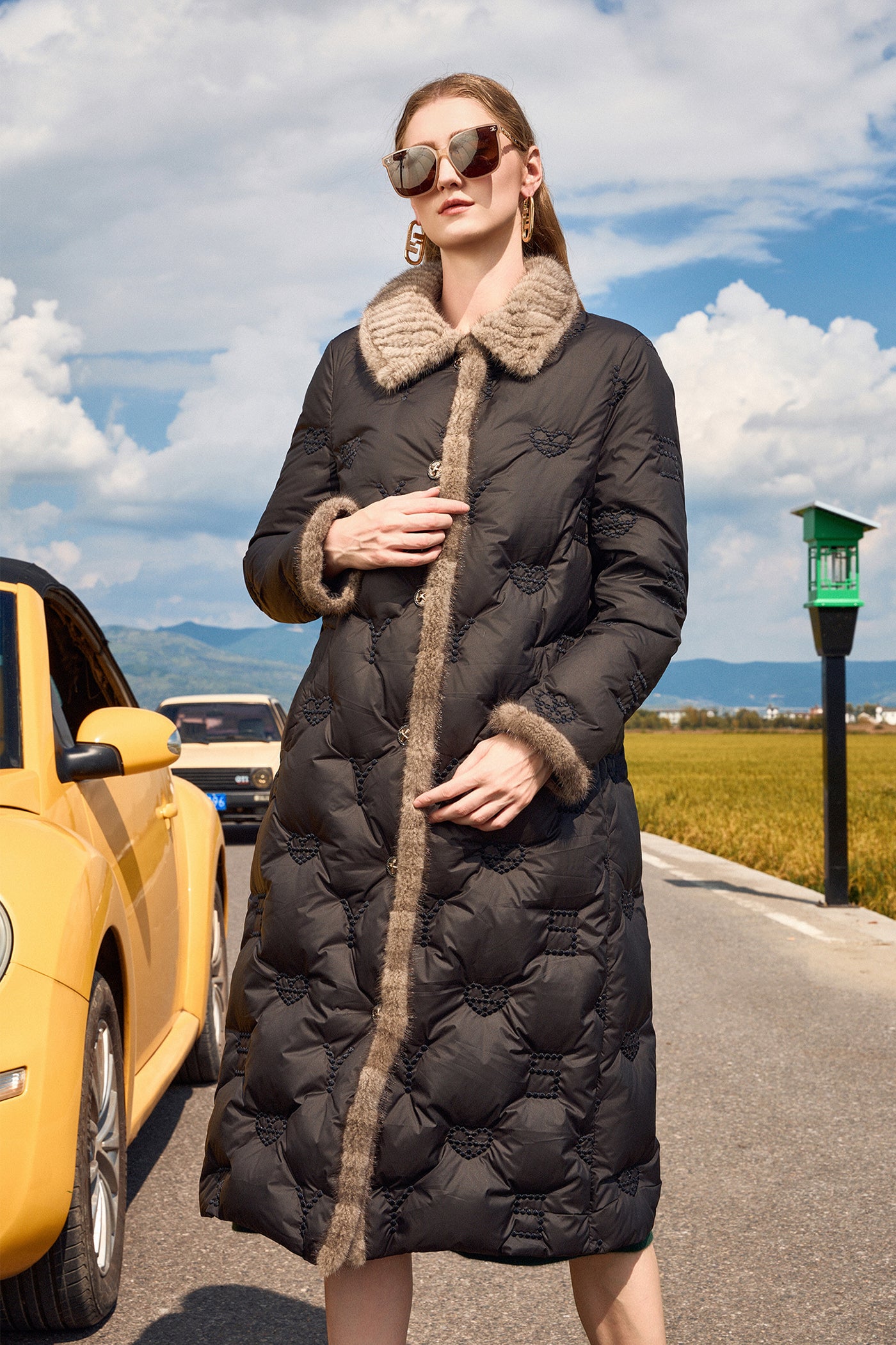 KAMILAN Women's White Goose Down Coat – 2025 Winter New Mid-Length Embroidered Down Jacket with Mink Fur Collar Splicing