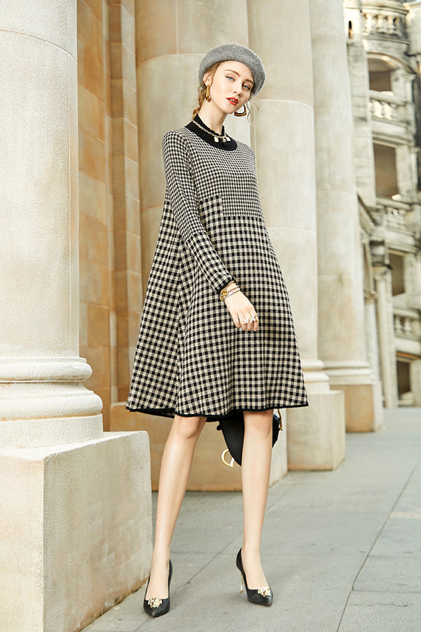KAMILAN Women's Plaid Knitted Sweater Dress – 2025 Autumn New Mid-Length Long-Sleeve Half-Turtleneck Dress