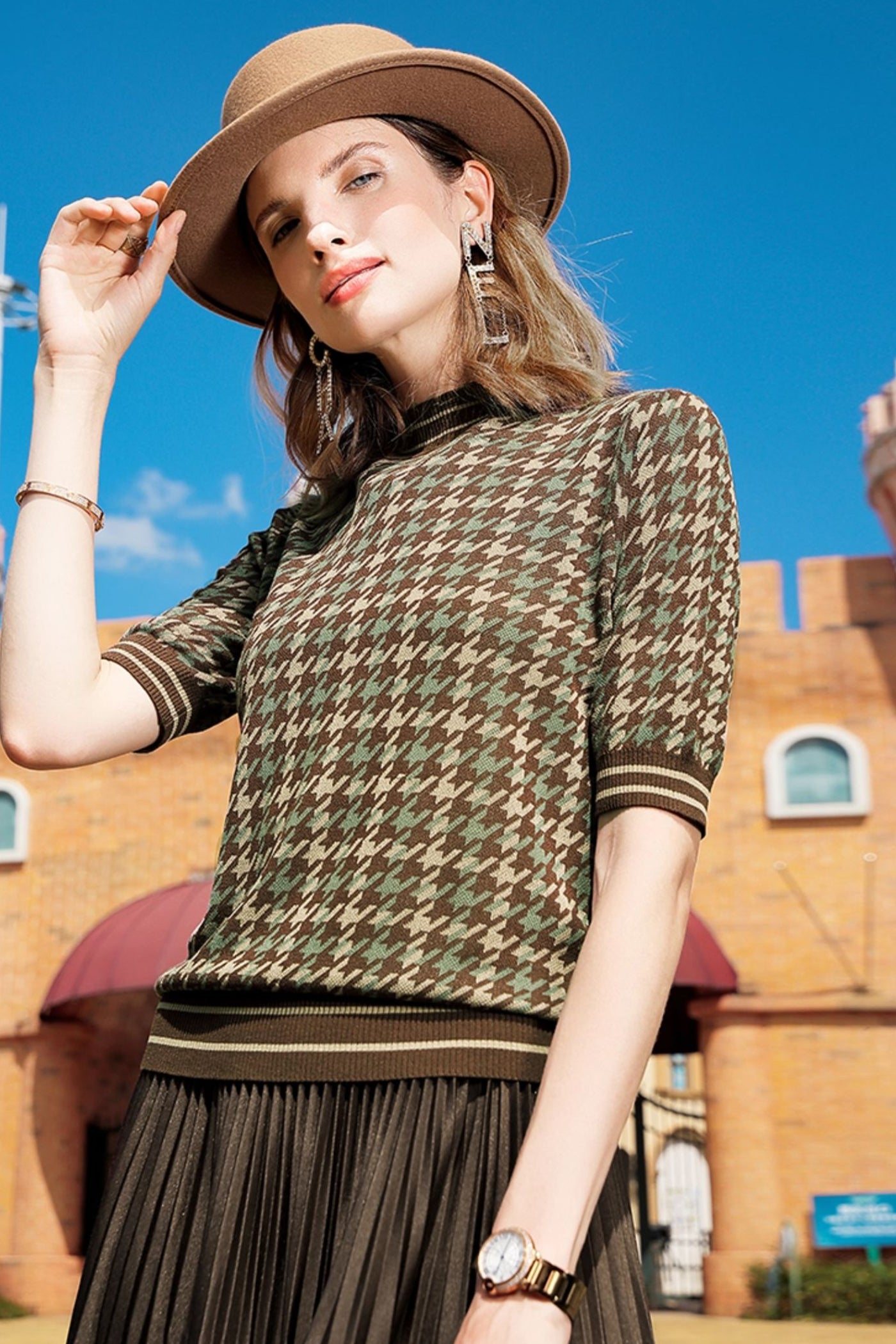 KAMILAN Women's Knitted Top – 2025 Autumn New Cropped Short-Sleeve Half-Turtleneck Sweater