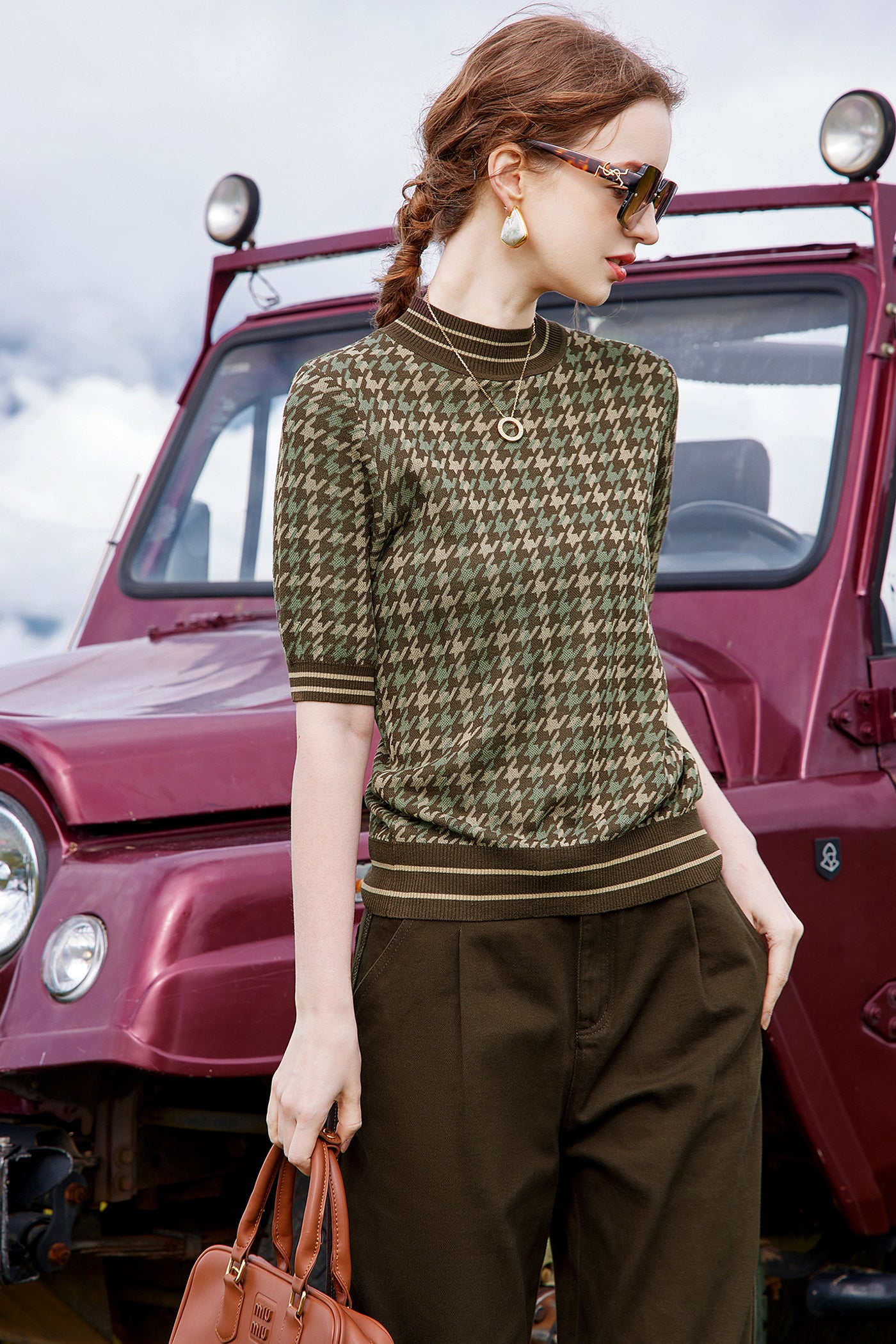 KAMILAN Women's Knitted Top – 2025 Autumn New Cropped Short-Sleeve Half-Turtleneck Sweater